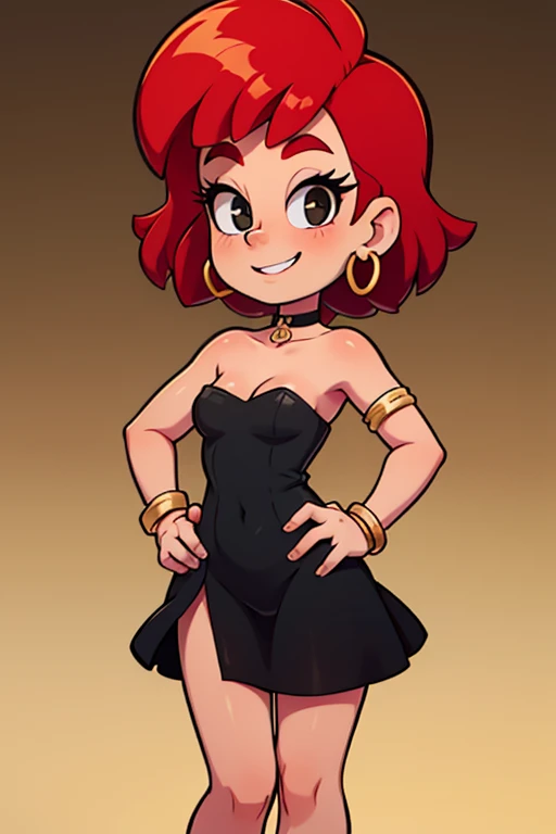 frankiefoster, teenage, 1 girl, solo, short red hair, bob hair, black eyes, smile, strapless, little black dress, skin-tight dress, black choker, gold hoop earrings, gold bracelet, medium breasts, slim, wide hips, fancy hotel background, standing, hands on hips, close-up, portrait