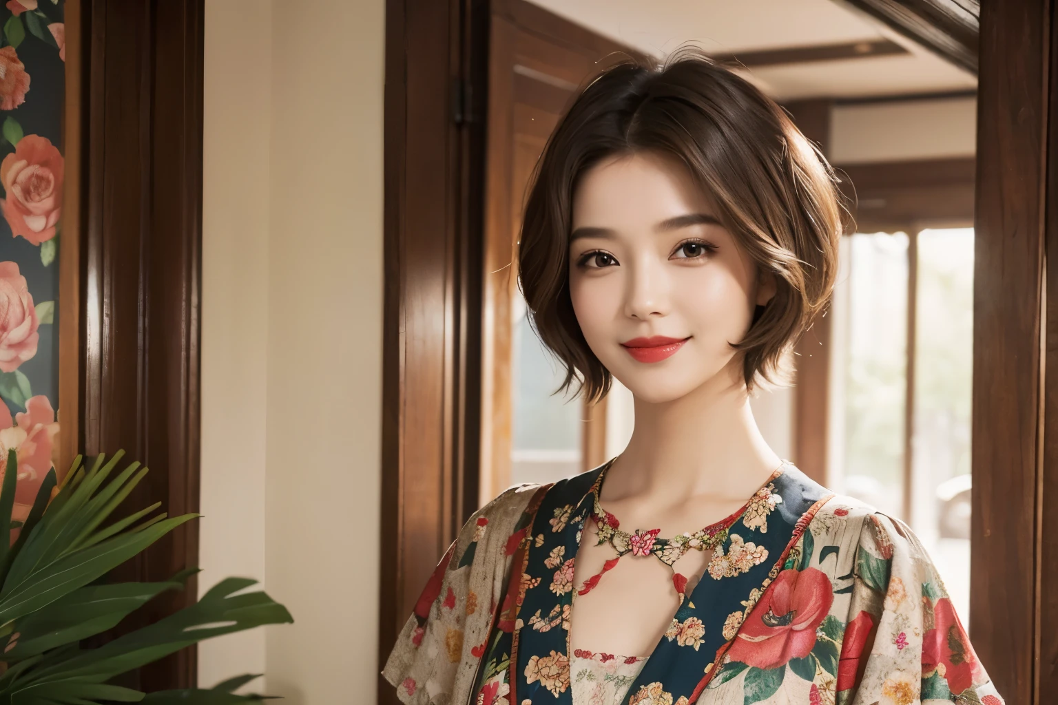 149
(20 year old woman,floral print outfit,pants), (Super realistic), (high resolution), ((beautiful hairstyle 46)), ((short hair:1.46)), (gentle smile), (brest:1.1), (lipstick)
