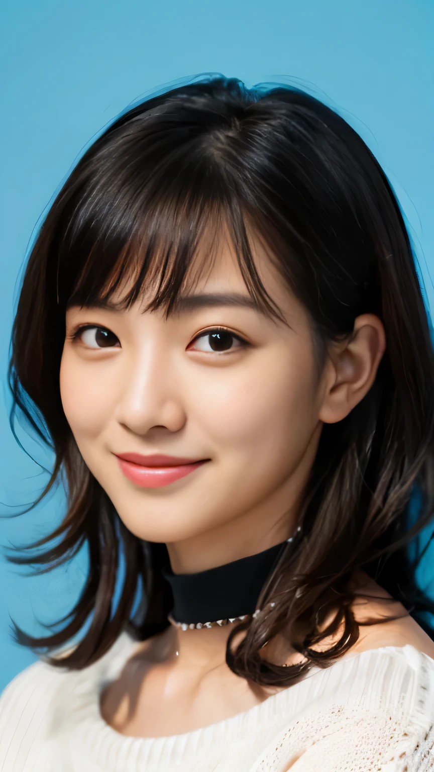 Top Quality, Masterpiece, Ultra High Resolution, Photorealistic, 1 Girl, Off Shoulder, Knit, Smile, Smile, Slightly Visible, oversized_sweater, Soft Lighting, Detailed Skin, Bangs, Black Hair, Clear Eyes, Short Bob Hair, Transparency, Japan, Korean, Beautiful Woman, Upper Eyes, Lip Gloss, Black Thick Choker, Teardrops, Mole on the Chest, Highlights in the eyes