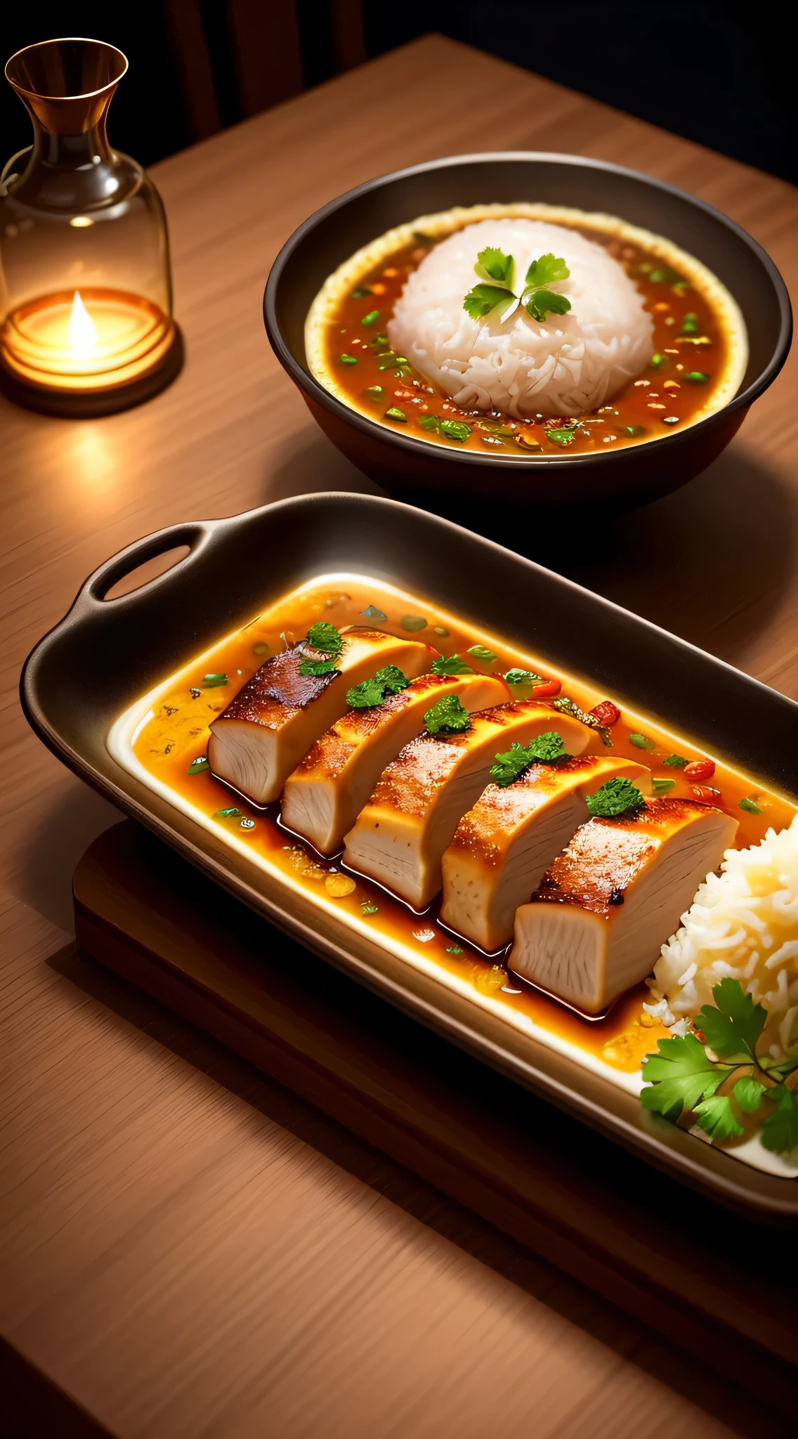 chicken rice and curry,food illustrations,oil painting,delicious steamy rice plate with fragrant curry and tender chicken,beautifully arranged,stylishly garnished,rich in colors,fine brushstrokes,highly detailed ingredients,fresh herbs and spices,aromatic steam rising from the plate,indulgent and flavorful,tempting to the senses,close-up view of the food,inviting and mouthwatering presentation,intricate textures and patterns on the plate and bowls,attention to every artistic detail,the chicken cooked to perfection with crispy skin and juicy meat,the rice perfectly fluffy and fragrant,the curry rich and thick,senses of warmth and comfort,rich color palette with warm hues,soft, diffused lighting to create a cozy ambiance,subtle shadows to add depth and dimension,elegant plating and arrangements,bringing the dish to life with artistry and passion.