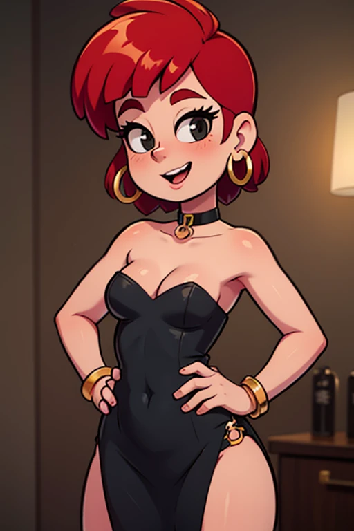 frankiefoster, age, 1 girl, solo, short red hair, bob hair, black eyes, smile, strapless, mouth open, little black dress, skin-tight dress, black choker, gold hoop earrings, gold bracelet, medium breasts, slim, wide hips, fancy hotel background, standing, hands on hips, close-up, portrait