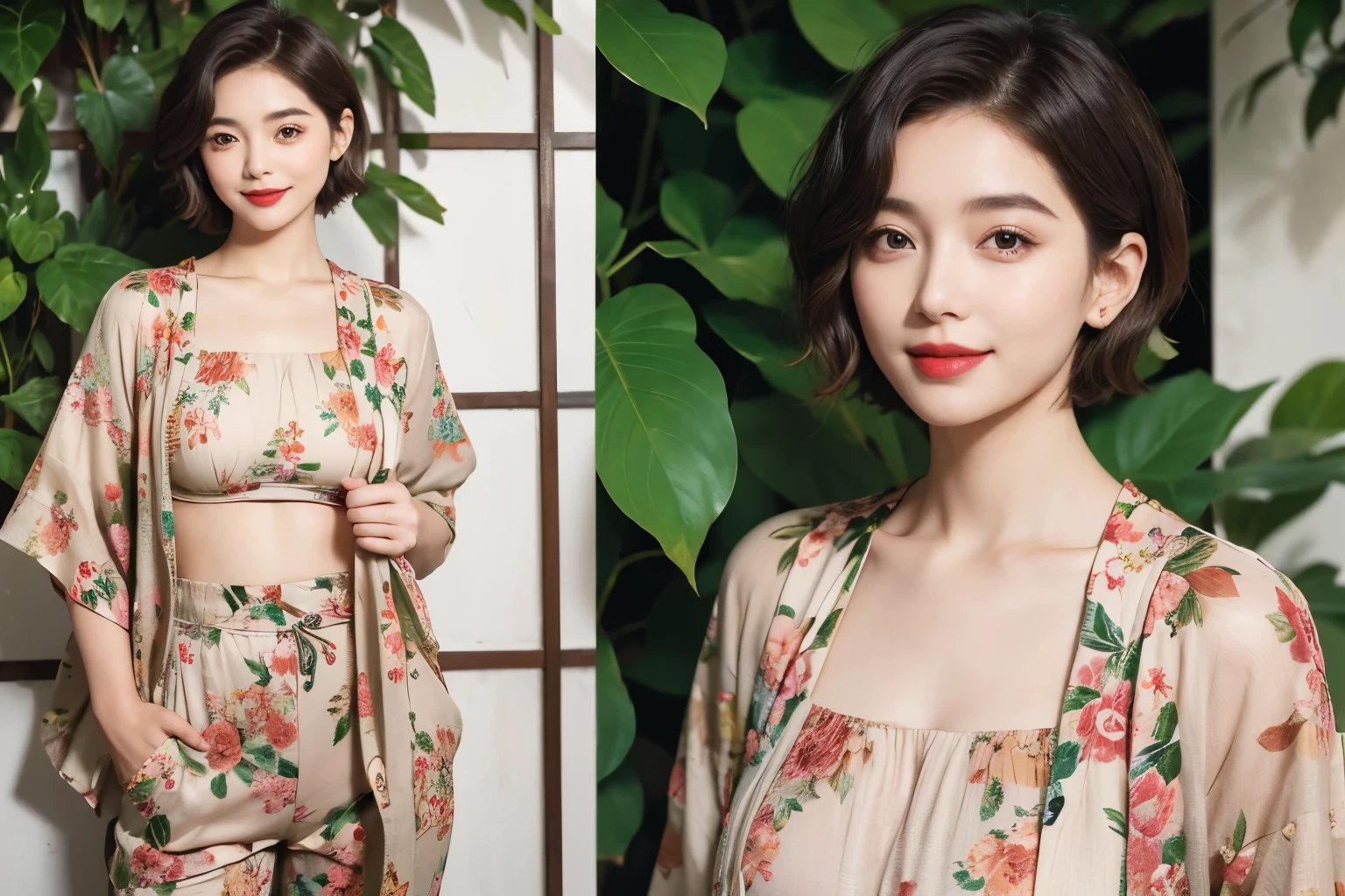 149
(20 year old woman,floral print outfit,pants), (Super realistic), (high resolution), ((beautiful hairstyle 46)), ((short hair:1.46)), (gentle smile), (brest:1.1), (lipstick)
