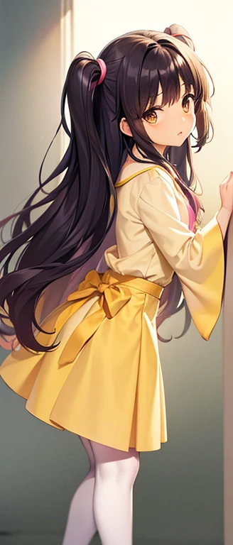 aairis,brown eyes,very long hair,big hair,two side up,hair band,dark skin,(yellow shirt:1.1),long sleeves,wide sleeves,waist bow,white tights,pink shoes