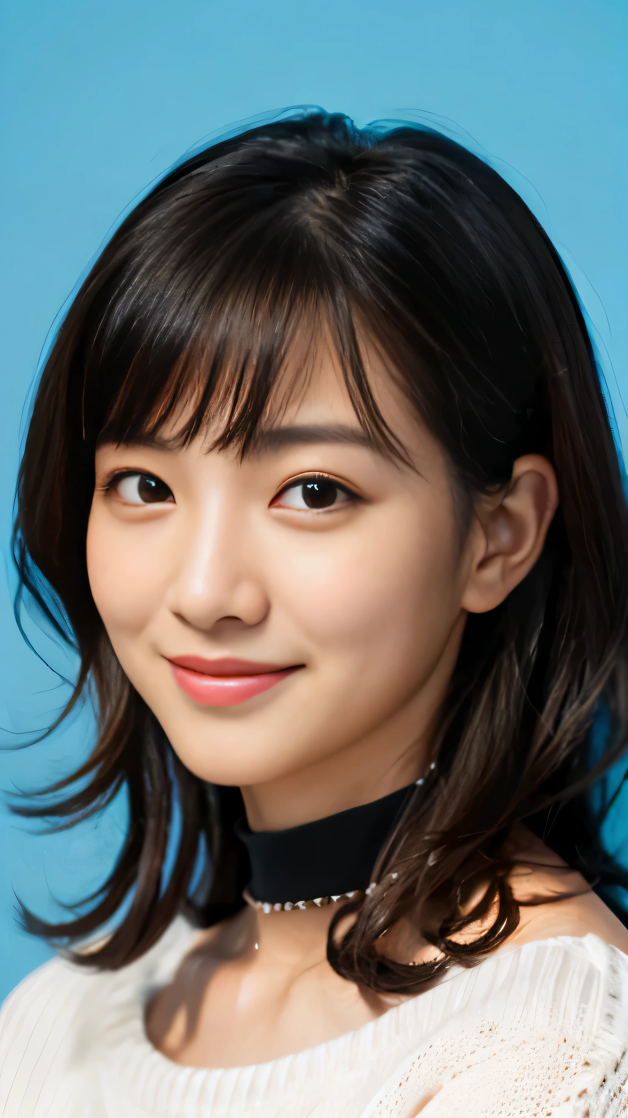 Top Quality, Masterpiece, Ultra High Resolution, Photorealistic, 1 Girl, Off Shoulder, Knit, Smile, Smile, Slightly Visible, oversized_sweater, Soft Lighting, Detailed Skin, Bangs, Black Hair, Clear Eyes, Short Bob Hair, Transparency, Japan, Korean, Beautiful Woman, Upper Eyes, Lip Gloss, Black Thick Choker, Teardrops, Mole on the Chest, Highlights in the eyes