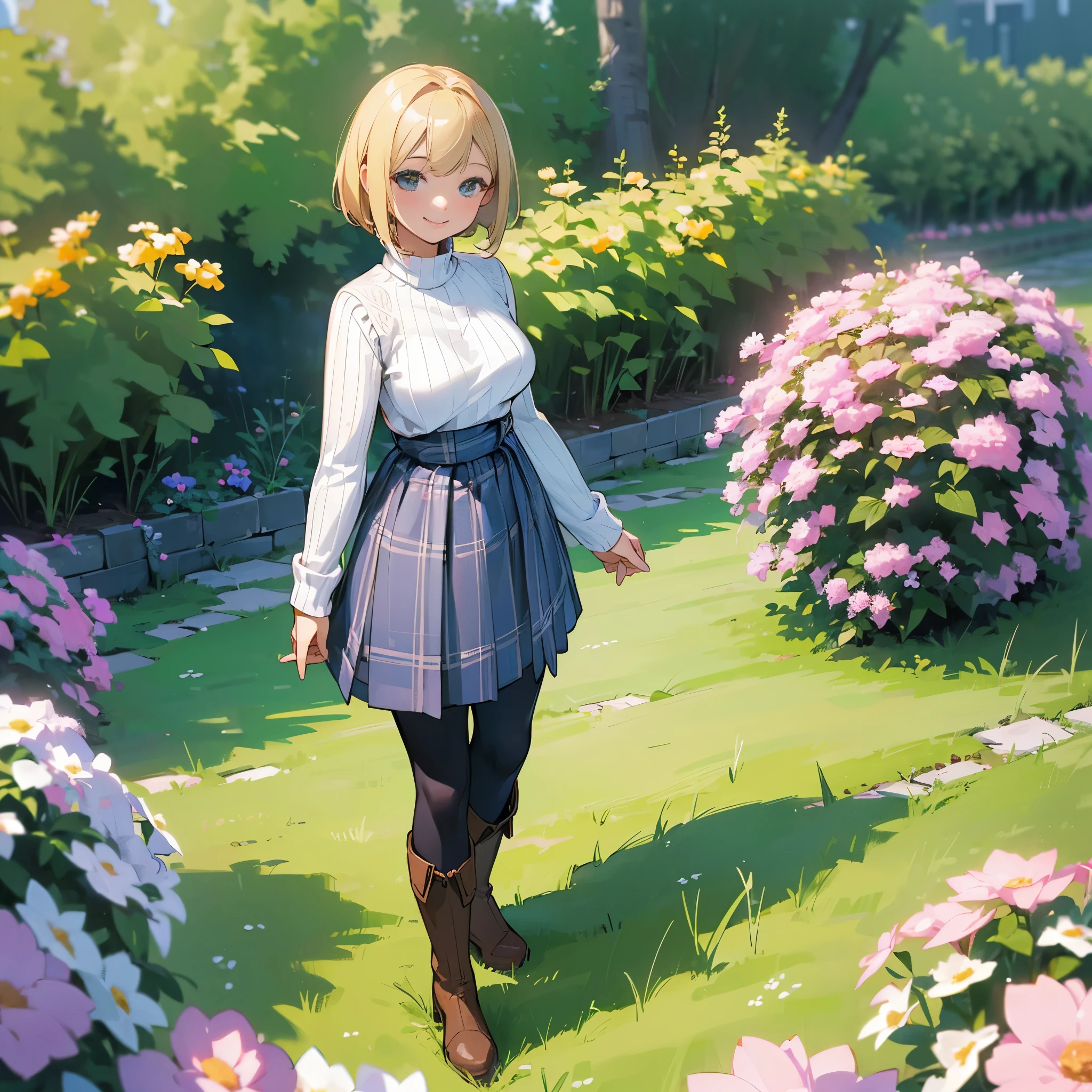 (high quality, high resolution, Super detailed, Reality:1.37), peaceful atmosphere, (outdoor, garden), age girl standing alone, (My breasts are big.), Beautiful detailed features, cute smile, (blonde bob hair), ribbed sweater, blue plaid skirt, Black tights, brown boots.