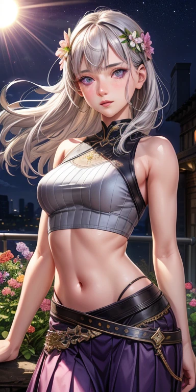 realistic, 1 girl, gray hair, purple eyes, shining eyes, crop top, skirt, parted lips, blush, night, flowers, sun, sunlight,