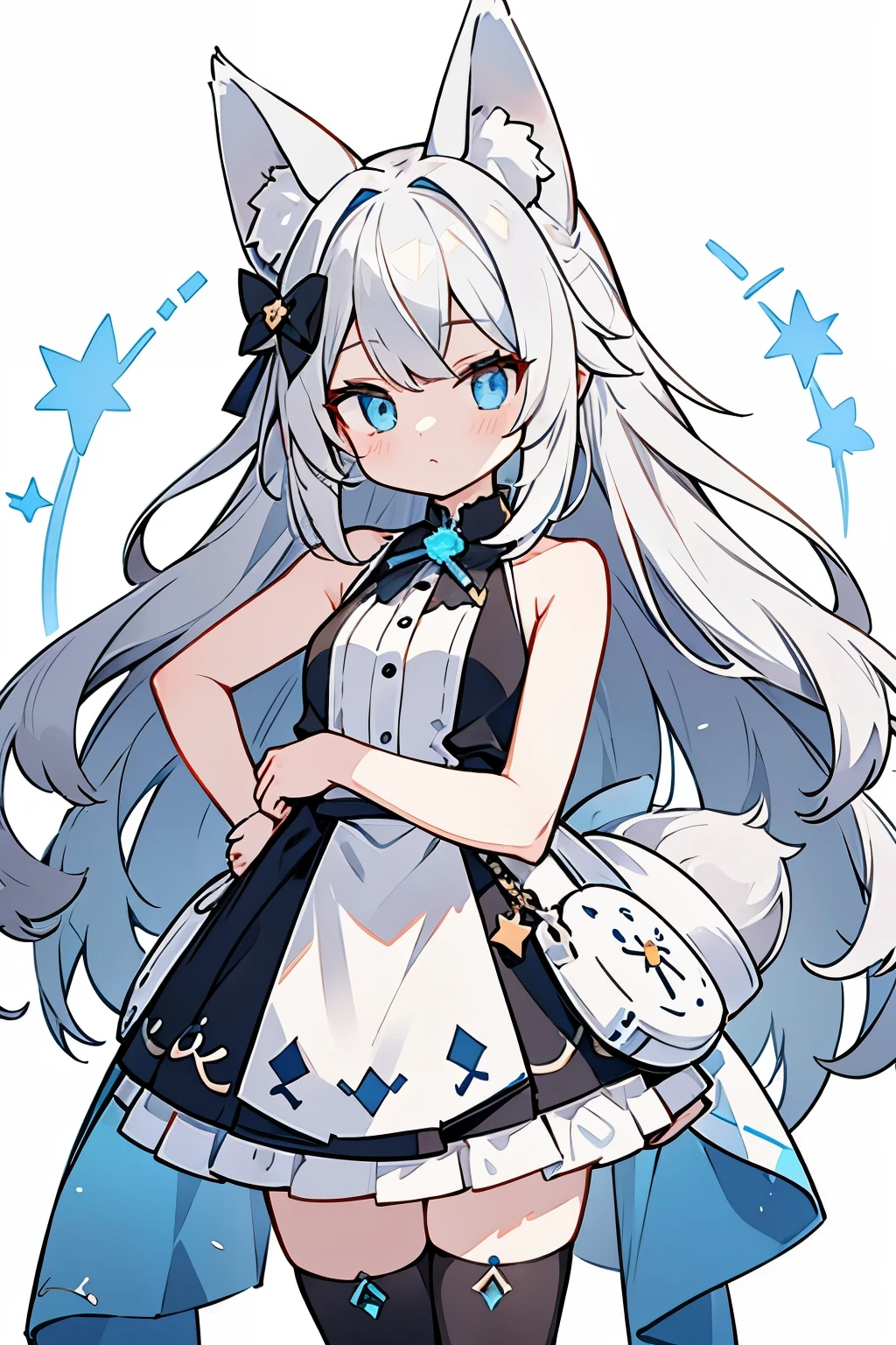 A unique virtual youtuber with striking white and grey hair, styled in bangs that fall between their piercing blue eyes. Their animal ears and ear fluff add a playful touch, while their fox ears and tail give them a mysterious aura. Adorned with a delicate x hair ornament, they are dressed in a stunning dress with black thighhighs and a sleeveless top that shows off their bare shoulders.