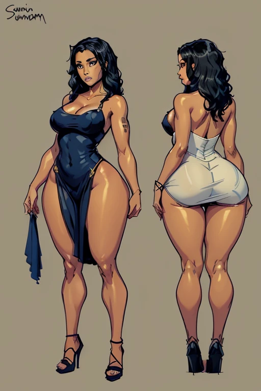 ((masterpiece)),(((best quality))),((Nicki Minaj)), ((character design sheet)), oc render, Multiple poses and expressions, same person, ((full body view)) illustration,1girl, brown skin, thick thighs, ((sundress:1.2)), modern style, blue black hair, ((detailed face:1.4)) beautiful african american woman, rough sketches, clean backdrop,