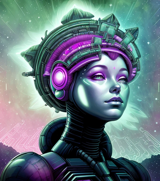 titere, marioneta,princess intergalactica, cosmic bjork, Reina de la Galaxia, celestialpunk, Emperatriz cyborg futurista simple, « mower, inspirado por Dan Hillier, alien princess, inspirado en Kay Nielsen, cypherpunk fashion illustration