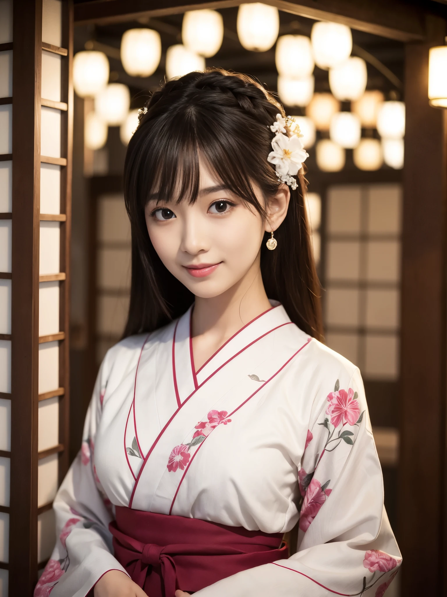 Beautiful woman in neat Japanese clothes、((best qualtiy、8k masterpieces:1.3))、foco nítido:1.2、(ultra beautiful faces:1.0)、(shinny skin:1.0)、photos realistic、A dark-haired、Video Lighting、High-definition eyes and face、Video Lighting、Japan Idol Actress、from the front side、medium breasts、Smile、Slender Abs Beauty、Whole body、In furisode