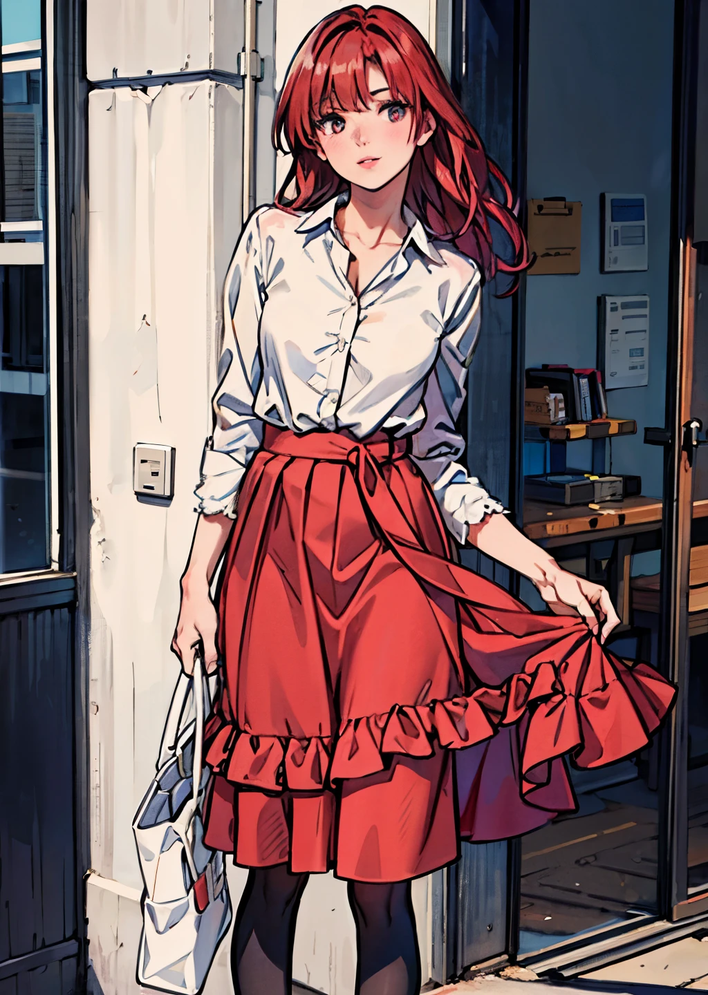 (best quality,4k,8k,highres,masterpiece:1.2),ultra-detailed,(realistic,photorealistic,photo-realistic:1.37),beautiful detailed eyes,beautiful detailed lips,extremely detailed eyes and face,long eyelashes,feminine,long wavy hair,(professional,model-like:1.1) pose,(graceful,elegant:nine),wide skirt,red skirt,red and white,midi skirt,smooth flowing skirt,slim waist,long skirt,white and,dark red,skater skirt,wearing skirt,short skirt length,layered skirt,black red white clothes,red and white dress