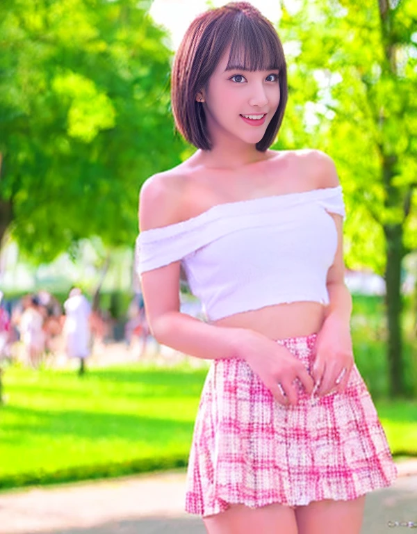 Highly detailed CG Unity 8K wallpaper, highest quality, super detailed, masterpiece, realistic, photo realistic, Highly detailed cute girl, 20-year-old, (skirt lift), ((skirt lift by myself)), white panties , panties focus, blush, parted lips, looking at the viewer , half body shot , wearing an off-shoulder shirt , (crowd), (crowded park) , short hair