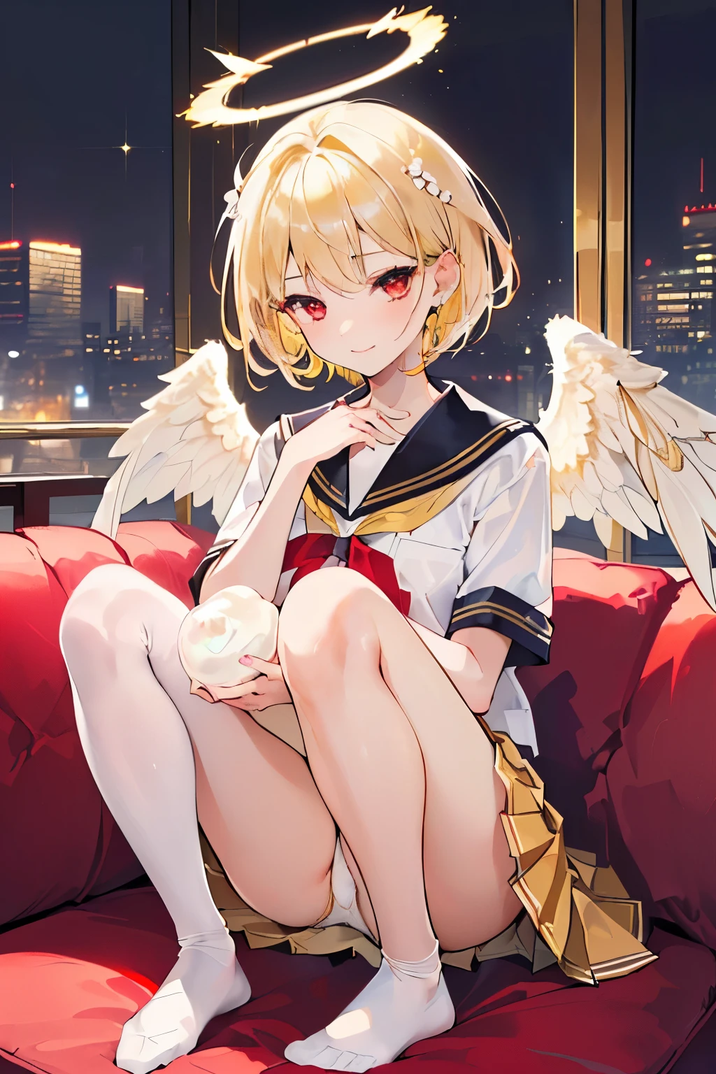 (((1girl))), ((best quality)), ((masterpiece)), ((ultra-detailed)), (illustration), (detailed light), (an extremely delicate and beautiful), (beautiful detailed eyes), (sunlight), ((extremely light)),
((((school uniform and a pleated skirt)))),
school girl,
wavy short manish bob, (((yellow gold hair))), (((short hair))),
(((deep red eyes))),
(((angelic clothes))), (((((angel wings))))), (((angel halo))),
((whole body)), aged 14 to 17,
diamond, beautiful, ((extra elegant)), (((condescending expression))), (sexually mischievous smile), (((extra adorable))), (((extra slender shape))),
(((((sitting on the sofa on her knees))))),
((((exposed white and pearl whity gold panties)))), (((extraordinarily thin thighs)))