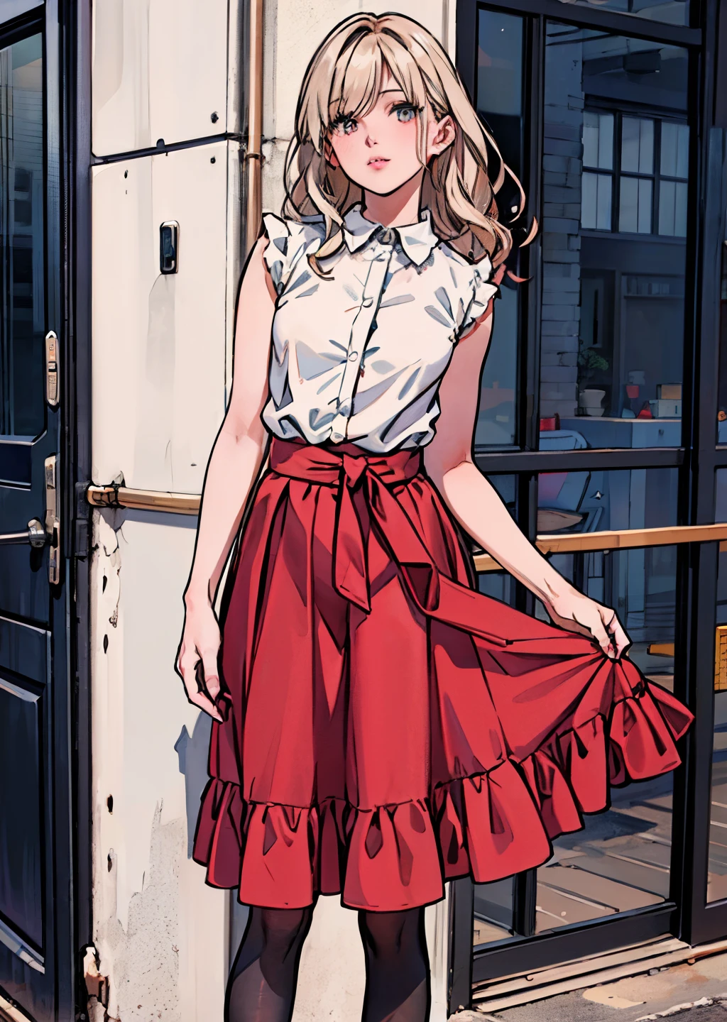 (best quality,4k,8k,highres,masterpiece:1.2),ultra-detailed,(realistic,photorealistic,photo-realistic:1.37),beautiful detailed eyes,beautiful detailed lips,extremely detailed eyes and face,long eyelashes,feminine,long wavy hair,(professional,model-like:1.1) pose,(graceful,elegant:nine),wide skirt,red skirt,red and white,midi skirt,smooth flowing skirt,slim waist,long skirt,white and,dark red,skater skirt,wearing skirt,short skirt length,layered skirt,black red white clothes,red and white dress