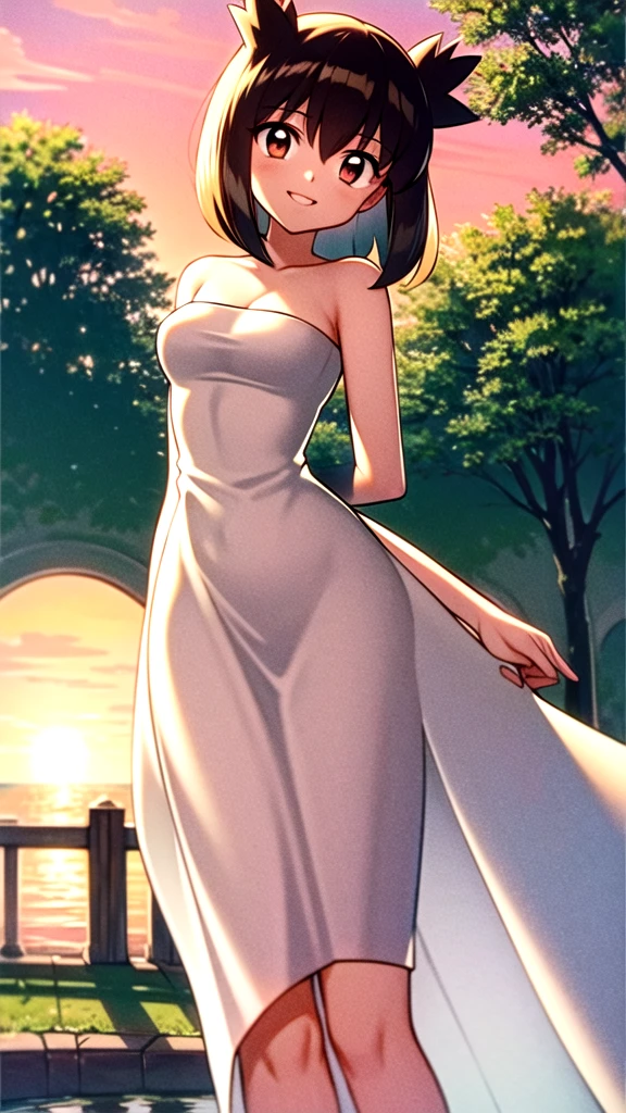 Bianca (pokemon heroes), 1 girl, solo, short hair, brown hair, brown eyes, bare shoulders, strapless, off shoulders, ruffle off the shoulder top, white maxi dress, close up headshot, intricate details, sharp focus, high resolution, the background of beautiful flower park with trees and canals, beautiful sunset, smile, standing on the bridge, arms behind back