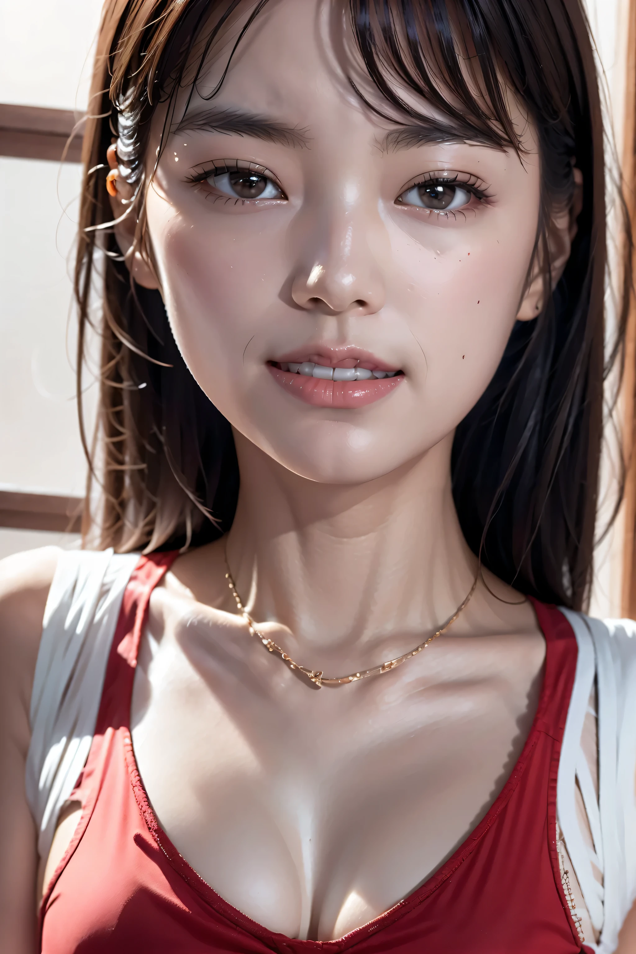 (8K, RAW photo, highest quality, masterpiece:1.2),( close up of face:1.2)ultra detail, super resolution, (realistic, realistic Photo:1.37), portrait, High resolution RAW color photos, professional photos, 非常に詳細で美new, very detailed, 8k wallpaper, surprisingly detailed, huge file size, official art, highly detailed CG unity 8k wallpaper, very detailed美少女, very detailed顔, very detailed目, very detailed肌, very detailed指, very detailed鼻, very detailed詳細な口 , perfect anatomy, very detailed背景, very detailed衣服, 1 girl,, 20th generation, cute girl, realistic body, small, Fair skin, glowing skin , handsome body, black hair , Rolled up hair, (dull bangs:1.2), smile, cute, like々new, cute face, realistic face, delicate eyes, (((red sleeveless dress))), looking at the viewer, cowboy shot, facing the front, Standing position, Opposition, dynamic lighting, very big breasts,