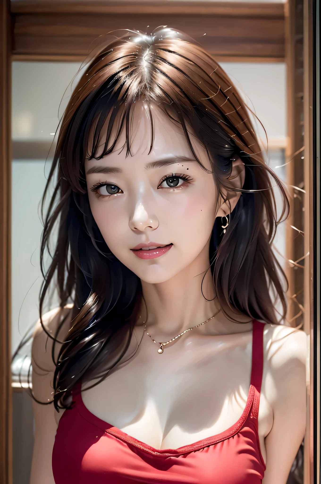 (8K, RAW photo, highest quality, masterpiece:1.2),( close up of face:1.2)ultra detail, super resolution, (realistic, realistic Photo:1.37), portrait, High resolution RAW color photos, professional photos, 非常に詳細で美new, very detailed, 8k wallpaper, surprisingly detailed, huge file size, official art, highly detailed CG unity 8k wallpaper, very detailed美少女, very detailed顔, very detailed目, very detailed肌, very detailed指, very detailed鼻, very detailed詳細な口 , perfect anatomy, very detailed背景, very detailed衣服, 1 girl,, 20th generation, cute girl, realistic body, small, Fair skin, glowing skin , handsome body, black hair , Rolled up hair, (dull bangs:1.2), smile, cute, like々new, cute face, realistic face, delicate eyes, (((red sleeveless dress))), looking at the viewer, cowboy shot, facing the front, Standing position, Opposition, dynamic lighting, very big breasts,