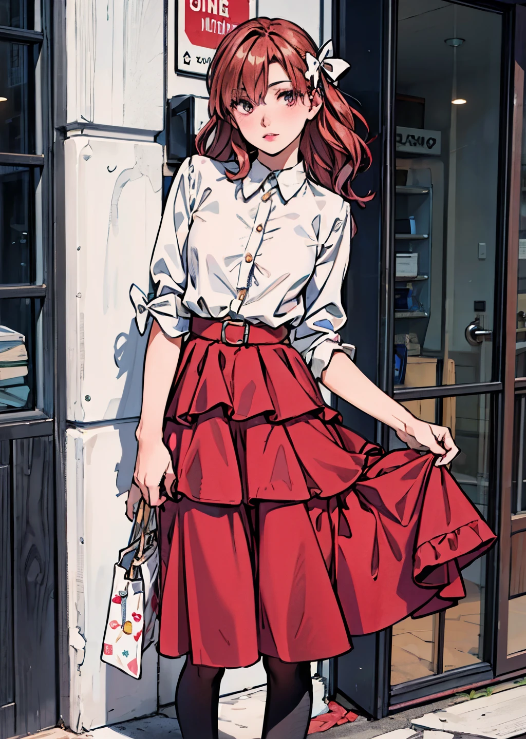 (best quality,4k,8k,highres,masterpiece:1.2),ultra-detailed,(realistic,photorealistic,photo-realistic:1.37),beautiful detailed eyes,beautiful detailed lips,extremely detailed eyes and face,long eyelashes,feminine,long wavy hair,(professional,model-like:1.1) pose,(graceful,elegant:nine),wide skirt,red skirt,red and white,midi skirt,smooth flowing skirt,slim waist,long skirt,white and,dark red,skater skirt,wearing skirt,short skirt length,layered skirt,black red white clothes,red and white dress