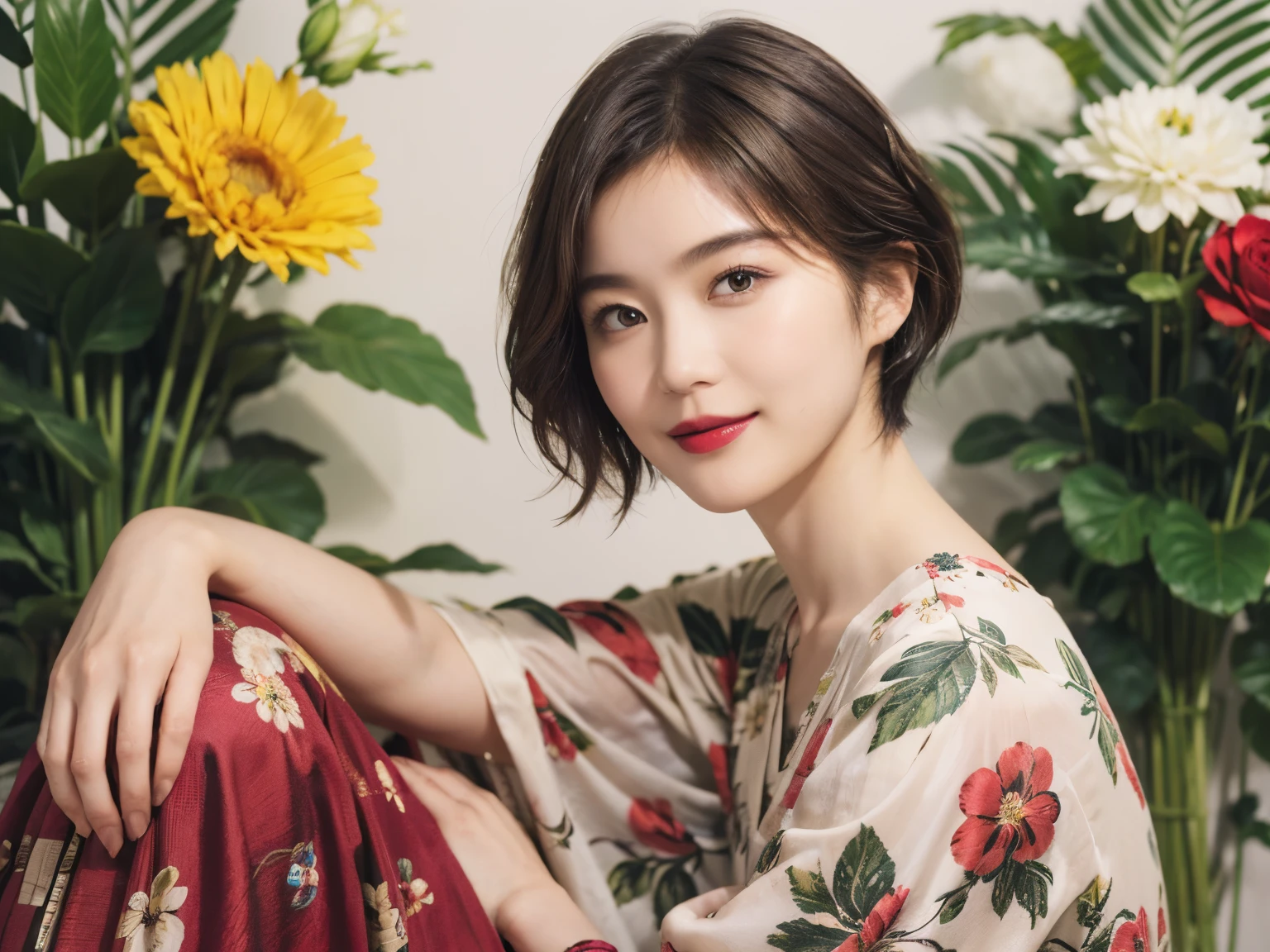 149
(20 year old woman,floral print outfit,pants), (Super realistic), (high resolution), ((beautiful hairstyle 46)), ((short hair:1.46)), (gentle smile), (brest:1.1), (lipstick)
