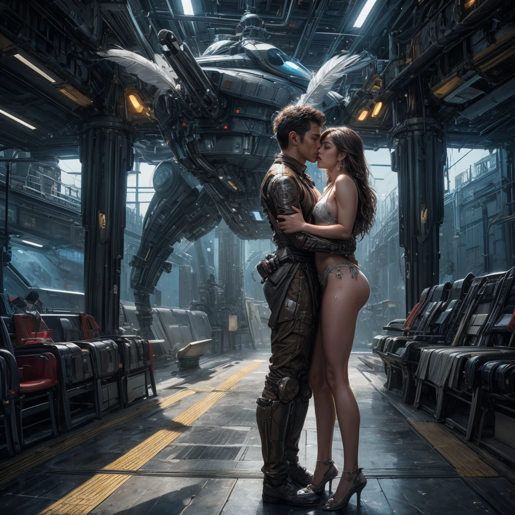 (masterpiece, top quality, Best quality, Official art, beautiful and aesthetically pleasing:1.2), extremely detailed,(fractal art:1.1),(Colorful:1.1)(flowers:1.3),as detailed as possible,(confuse:1.2), whole body, against the background of a fantastic city in the style of Star Wars by John Lucas, Street, cyber fiction, The Distant Future, Science fiction, fantastic bombers flying in the sky, (shiny skin), (many colors:1.4), ,(earrings), (Feathers:1.5), Ultra Detailed, Girl naked, Very detailed face, Detailed vagina. detailed hands, 2 characters having sex, kissing on the genitals, touch the vagina, Kissing the breasts, hugging. Transparent wet underwear, fingers inserted into vagina, sexy look, correct anatomy, standing on the balcony, pool water, there are many mechanical elements in the body, Very detailed, on the head is an ultra fantastic helmet and tubes, displays and lights, Hot sex, combat spaceship, 50 meters of commitment, Futuristic background with flat armor. Warship in futuristic shape. flying space.
