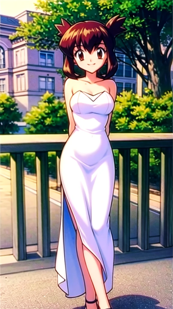 Bianca (pokemon heroes), 1 girl, solo, short hair, brown hair, brown eyes, bare shoulders, strapless, off shoulders, ruffle off the shoulder top, white maxi dress, close up headshot, intricate details, sharp focus, high resolution, the background of beautiful flower park with trees and canals, beautiful sunset, smile, standing on the bridge, arms behind back