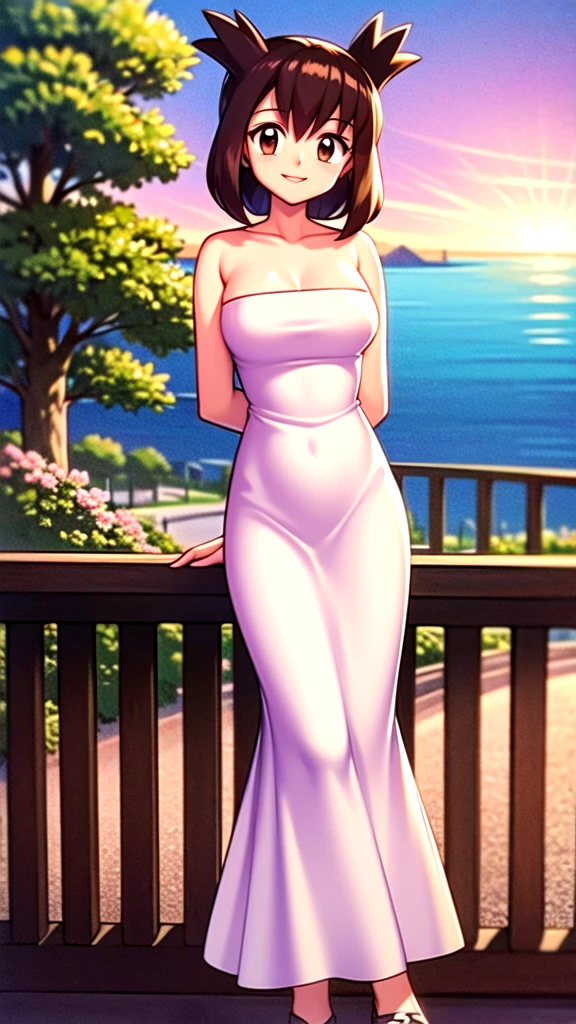 Bianca (pokemon heroes), 1 girl, solo, short hair, brown hair, brown eyes, bare shoulders, strapless, off shoulders, ruffle off the shoulder top, white maxi dress, close up headshot, intricate details, sharp focus, high resolution, the background of beautiful flower park with trees and canals, beautiful sunset, smile, standing on the bridge, arms behind back