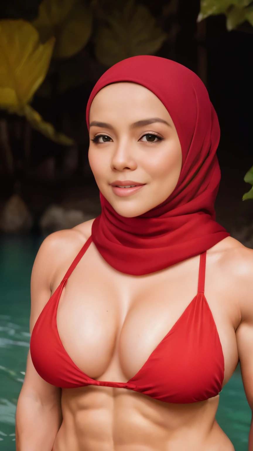 close-up portrait of a beautiful woman in hijab bathing in a river, wearing red bikini top and bottom bikini, tight, pear body shaped, heavy big breast, showing large cleavage, reeds, (backlight), realistic, masterpiece, high quality, lens reflection, shadow, flower, [[chromatic aberration]], by Jeremy Lipking, by Antonio J. Manzanedo, digital painting, ((body builder))