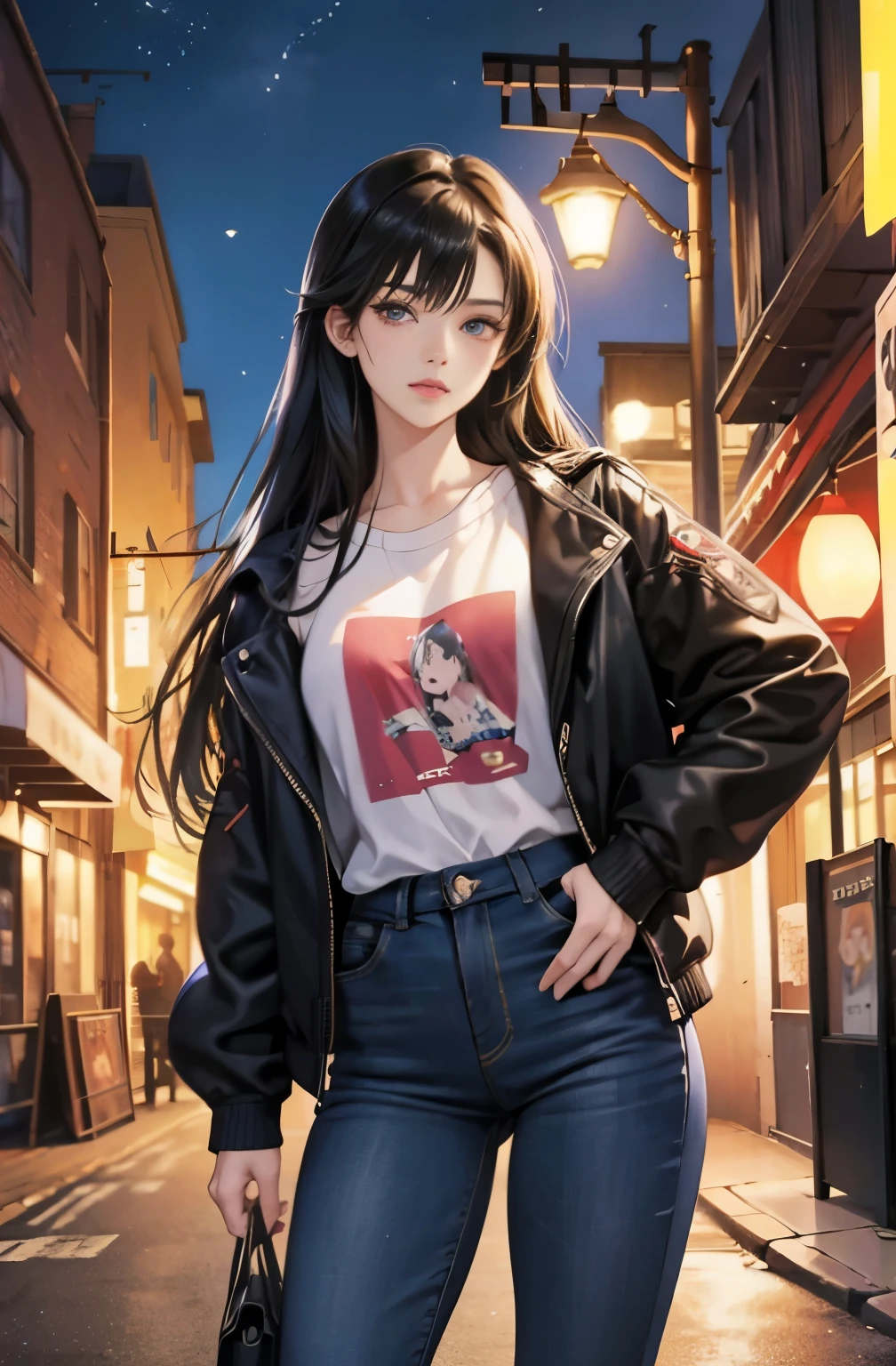 Jovem mulher 18 anos: 1.3, cabelo rosa: 1.2, alto: 1.2, Sit-in: 1.2, diurno: 1.2, Na rua: 1.2, film lighting, melhor qualidade, 8k a cartoon girl with long black hair up to her ass, sorriso provocador, Shojo manga, Estilo Anime Ecchi, Manhwa,corpo definido, camiseta preta, peitos medios, Standing back wall. Menina anime short preto (cabelo loiro) cabelo loiro claro