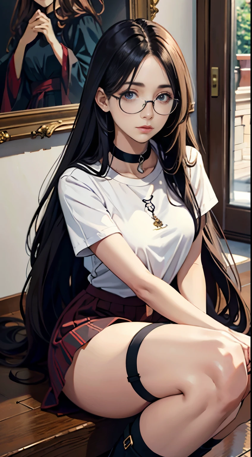 Beautiful italian woman, ((best quality)), ((masterpiece)), ( extreme detailed, highest detailed, official art, beautiful and aesthetic:1.2), oversize tshirt, ((((skirt)))), choker, medium breast, medium body potrait, thighhighs socks, boots, absurdly long hair, (hair between eyes: 1.5), light brown hair, pink eyes, (((glasses))),
