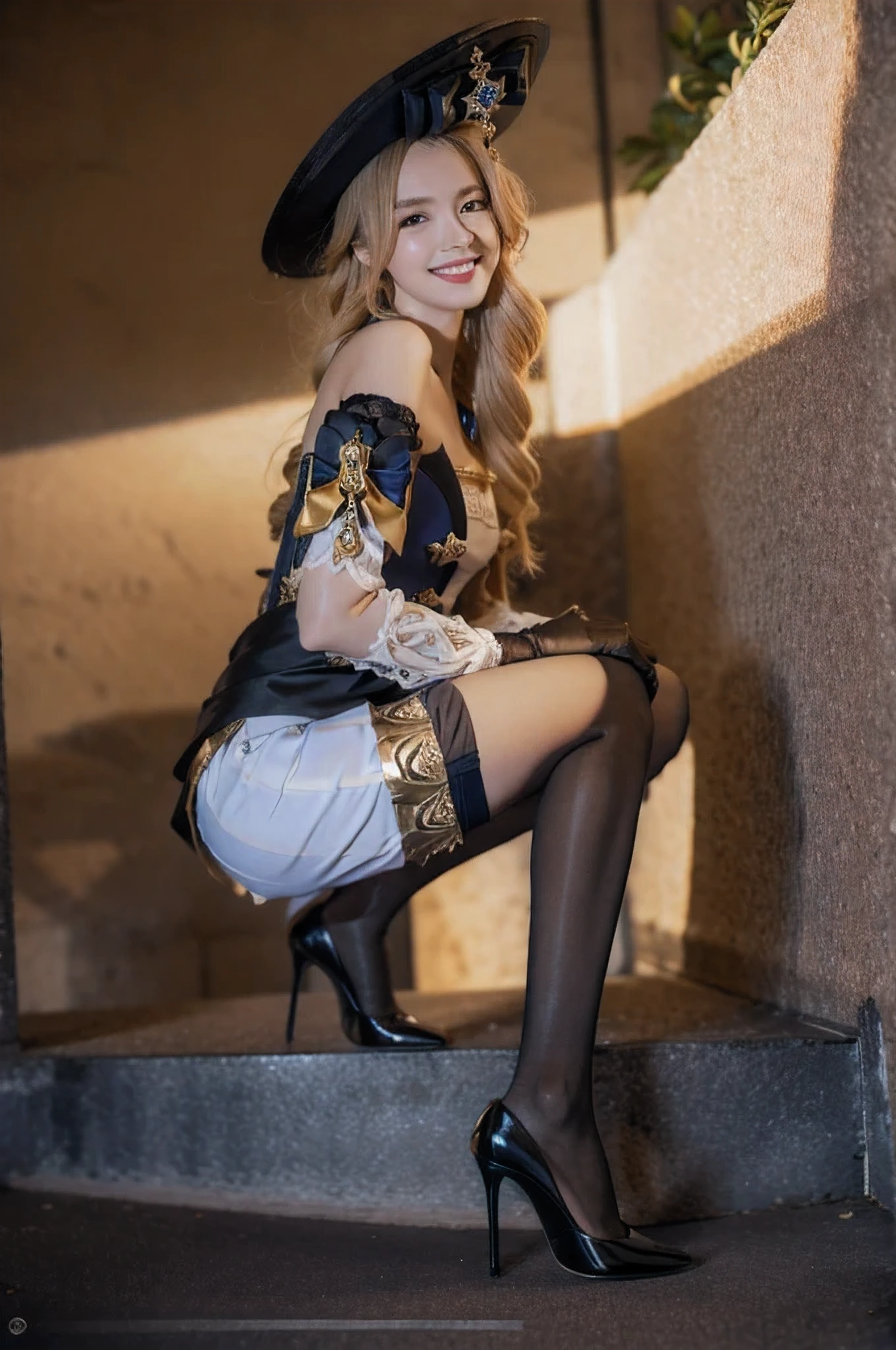 18-year-old girl, side view,  black high heels, pointed-toe heels, (black stilettos heels), (side hollow heels), (black thighhighs), beautiful legs,slim legs, (smile:1.6), 
navia /(genshin impact/), (looking at viewer), cleavage, breasts, blue diamond necklace, 
ornate dress, black bodice, black and yellow long skirt, long train, low-cut bodice, open chest, off shoulder, extremely beautiful face, detailed face, detached sleeves, white ruffles, navy bows on sleeves, open skirt at front, long blonde hair, curly hair, big hat, masterpiece, best quality,highres, 1girl, navia, black headwear, black thighhighs, wariza, bare shoulders，sufficient light, 85mm, Canon, f/2.8, UHD,RAW,retina, masterpiece, ccurate, anatomically correct, textured skin, super detail, high details, high quality, award winning, best quality, highres, 8k,a girl,