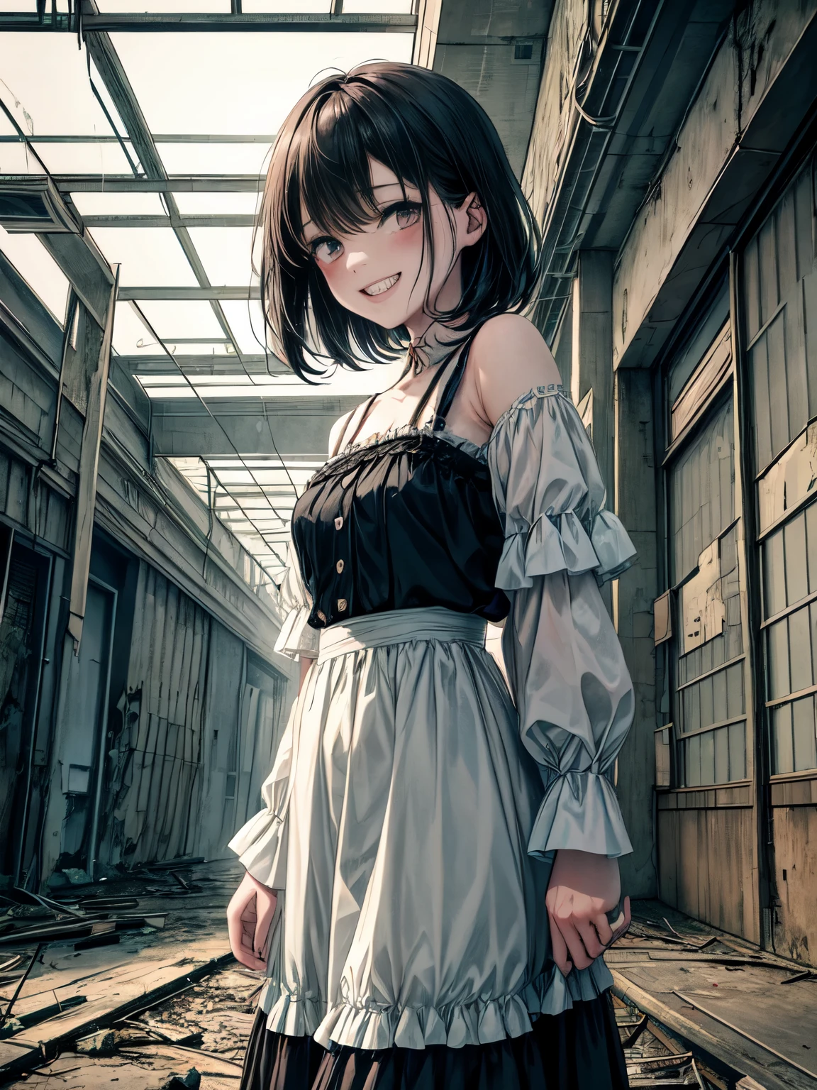 beautiful woman, cool and sadistic, amorous and lewd face, evil smile, teasing smile, grin, lewd smile, big tareme, droopy eyes, huge mouth, make-up, messy short hair, great proportion, loose size cardigan, ruffle skirt, choker, (ultra detailed, absolutely resolution, best quality:1.3), 2.5D, delicate and dynamic, shading effects, hyper realistic, artistic photography, graphic CG digital art