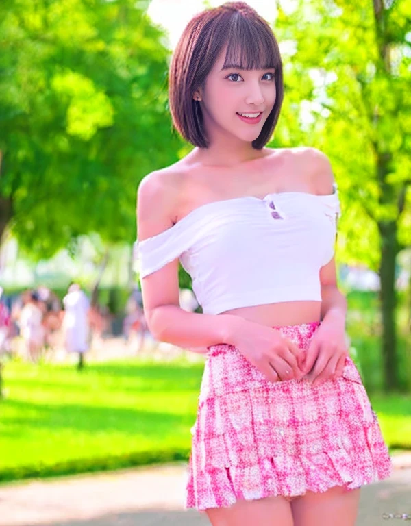 Highly detailed CG Unity 8K wallpaper, highest quality, super detailed, masterpiece, realistic, photo realistic, Highly detailed cute girl, 20-year-old, (skirt lift), ((skirt lift by myself)), white panties , panties focus, blush, parted lips, looking at the viewer  , half body shot , wearing an off-shoulder shirt  , (crowd), (crowded park) , short hair