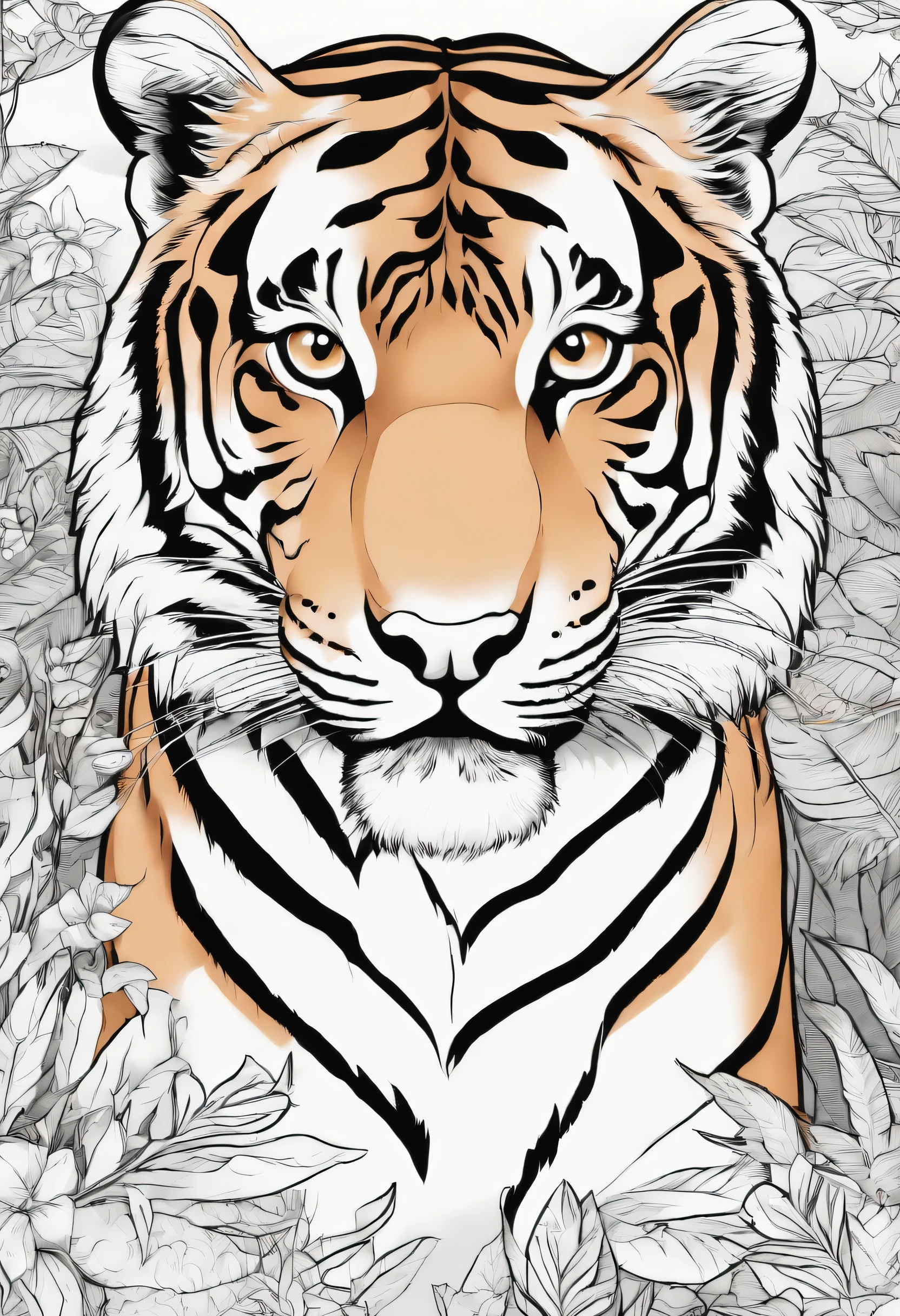 tiger in the forest coloring book, cartoon style, thin lines, no color, white background, strokes only