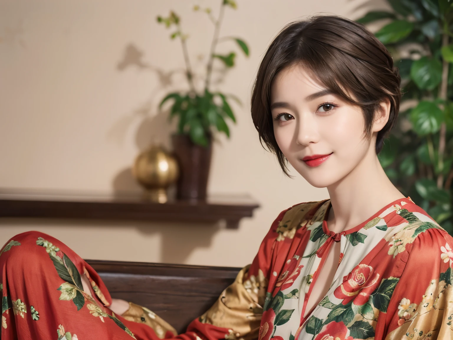 149
(20 year old woman,floral print outfit,pants), (Super realistic), (high resolution), ((beautiful hairstyle 46)), ((short hair:1.46)), (gentle smile), (brest:1.1), (lipstick)
