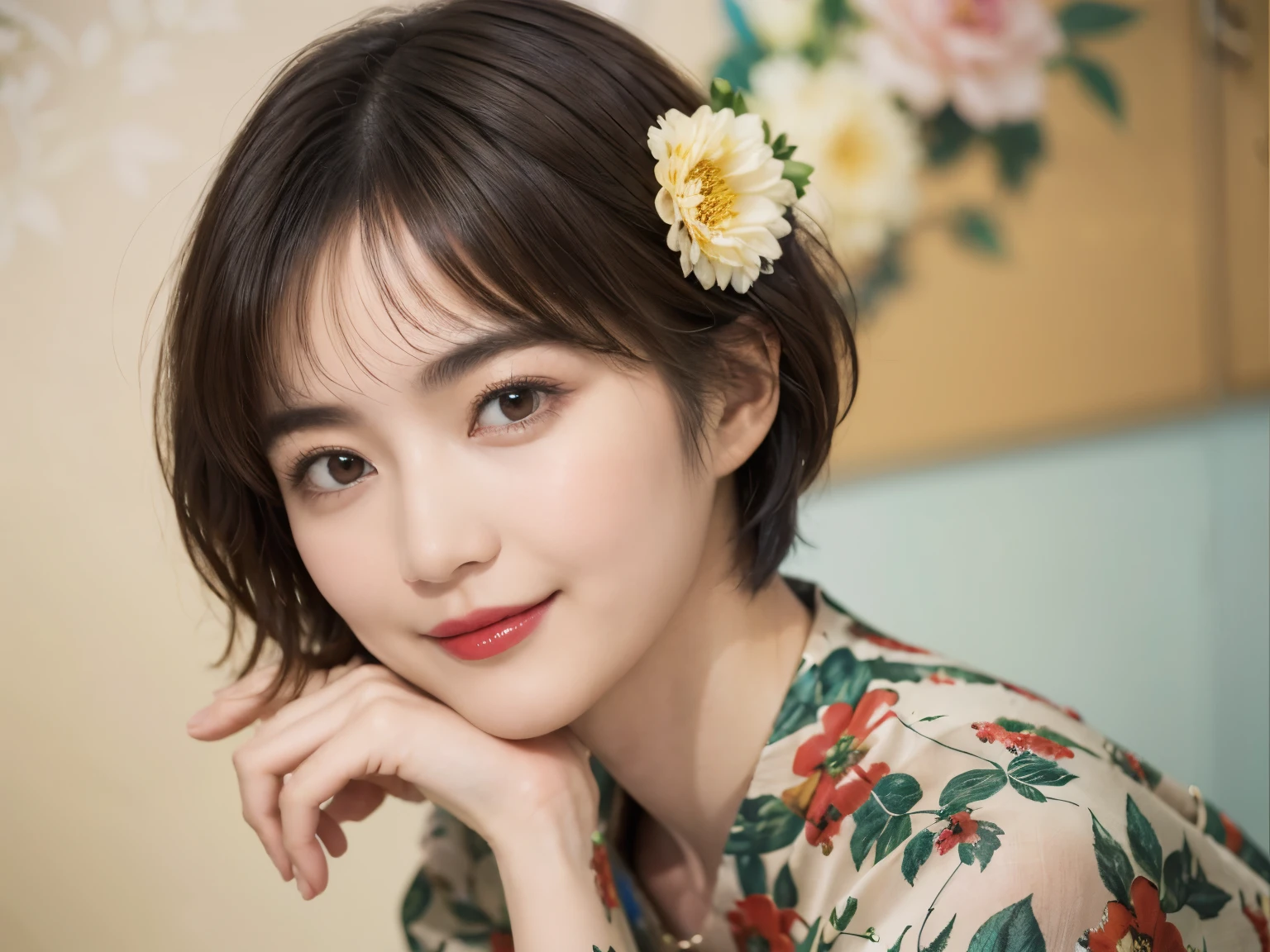 149
(20 year old woman,floral print outfit,pants), (Super realistic), (high resolution), ((beautiful hairstyle 46)), ((short hair:1.46)), (gentle smile), (brest:1.1), (lipstick)
