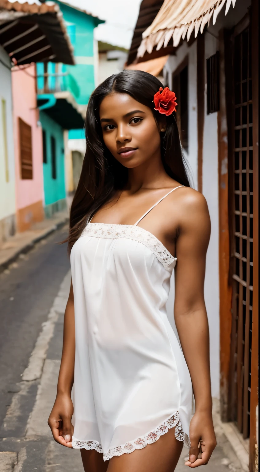 ultra quality, best quality, high definition, 1 woman, alone, beautiful woman, perfect, work of art, HD, perfect face, perfect woman, work of art, delicate, dark skin, mulatto, fine feminine features, beautiful thin nose, perfect, delicate mouth, dark eyes, beautiful detailed, realistic face, black hair, extremely beautiful Brazilian woman, with a red flower in her hair, dark skin, long straight hair blowing in the wind, with a red flower in her hair, short white dress and simple a little transparent, standing on a street in Bahia, inspired by the drama (Gabriela cravo e canela), northeast of Brazil, 1920s street, 1920s, in Bahia, Brazil, beautiful Brazilian mulatta, 1920s, Bahia