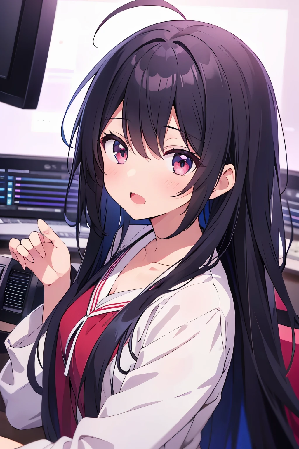 masterpiece, highest quality, {highest quality}, {{masterpiece}}, {High resolution}, girl, concentrated, anime style, Close-up of a female cartoon, Girl Design, portrait, anime images, long hair, black hair, straight-eyed, hair covering ears, open mouth, Romantic clothes, Radio Studio, colorful, color