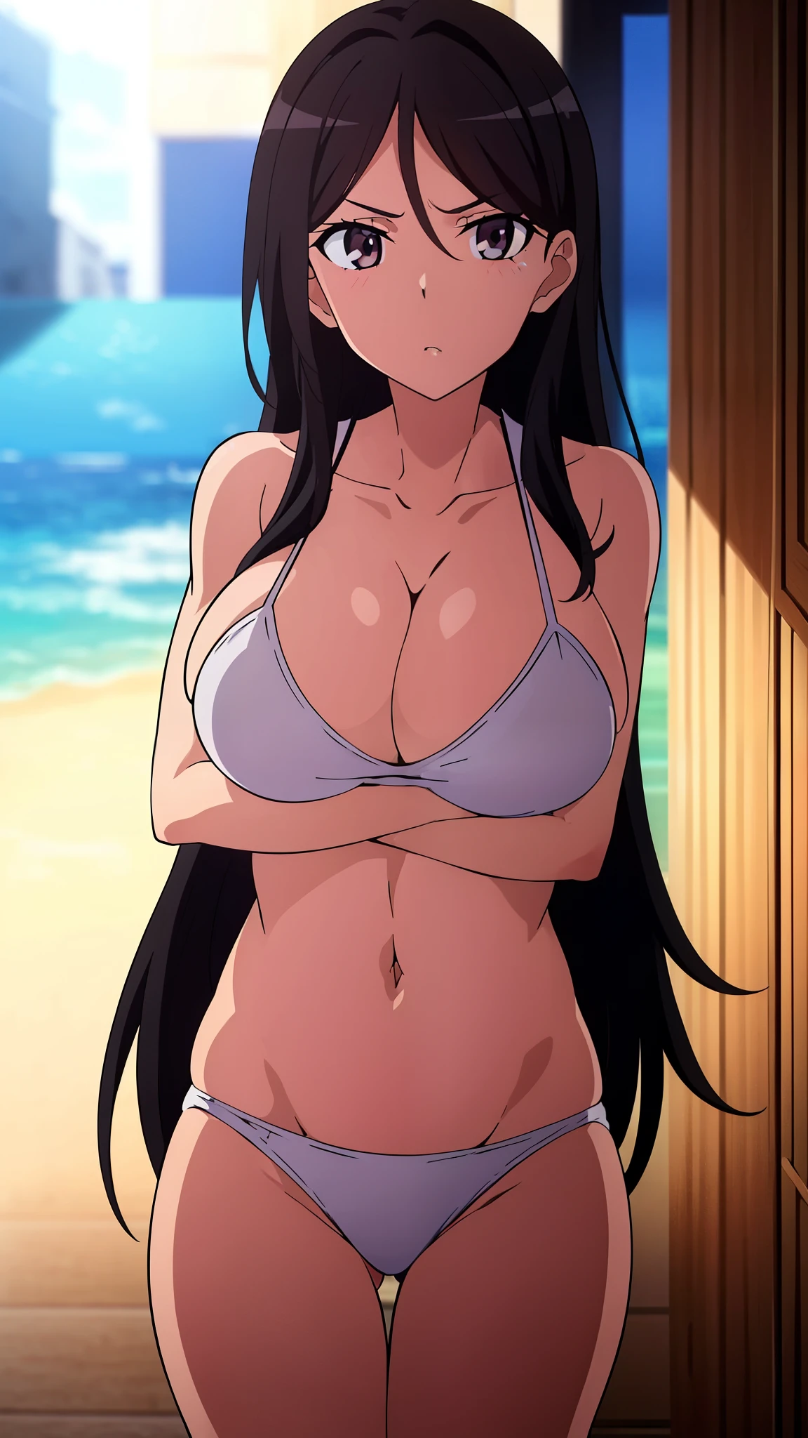 ((table top, highest quality, High resolution, anime screen cap, anime color, In 8K, anime key visual)):1.5, Blow mailing, 1 girl, cute, blush, (long black hair:1.5), 14 years, (Oversized large sagging breasts:1.5), cleavage, ((Completely naked、genital hair)), (Squeeze your arms:1.5), lower your arms, beach side, ((perfect anatomy, beautiful and detailed face, beautiful and fine eyes, beautiful fine hair, Beautiful detailed body)), thick outline, Beautiful outlines, black outline