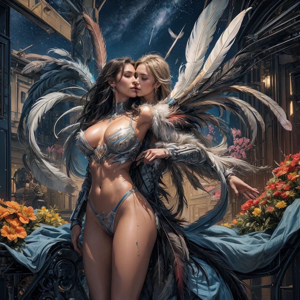 (masterpiece, top quality, Best quality, Official art, beautiful and aesthetically pleasing:1.2), extremely detailed,(fractal art:1.1),(Colorful:1.1)(flowers:1.3),as detailed as possible,(confuse:1.2), whole body, against the background of a fantastic city in the style of Star Wars by John Lucas, Street, cyber fiction, The Distant Future, Science fiction, fantastic bombers flying in the sky, (shiny skin), (many colors:1.4), ,(earrings), (Feathers:1.5), Ultra Detailed, Girl naked, Very detailed face, Detailed vagina. detailed hands, 2 characters having sex, kissing on the genitals, touch the vagina, Kissing the breasts, hugging. Transparent wet underwear, fingers inserted into vagina, sexy look, correct anatomy, standing on the balcony, pool water, Hot sex, combat spaceship, 50 meters of commitment, Futuristic background with flat armor. Warship in futuristic shape. flying space.