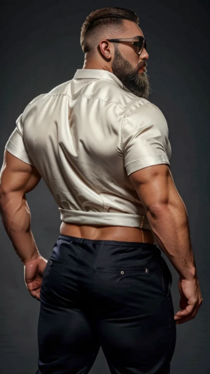 stocky white russian man with big arms big pectorals with beard wearing casual pants with satin shirt grant quality c maximum sharp high quality, dynamic back pose , con gafas , gran bult, big ass