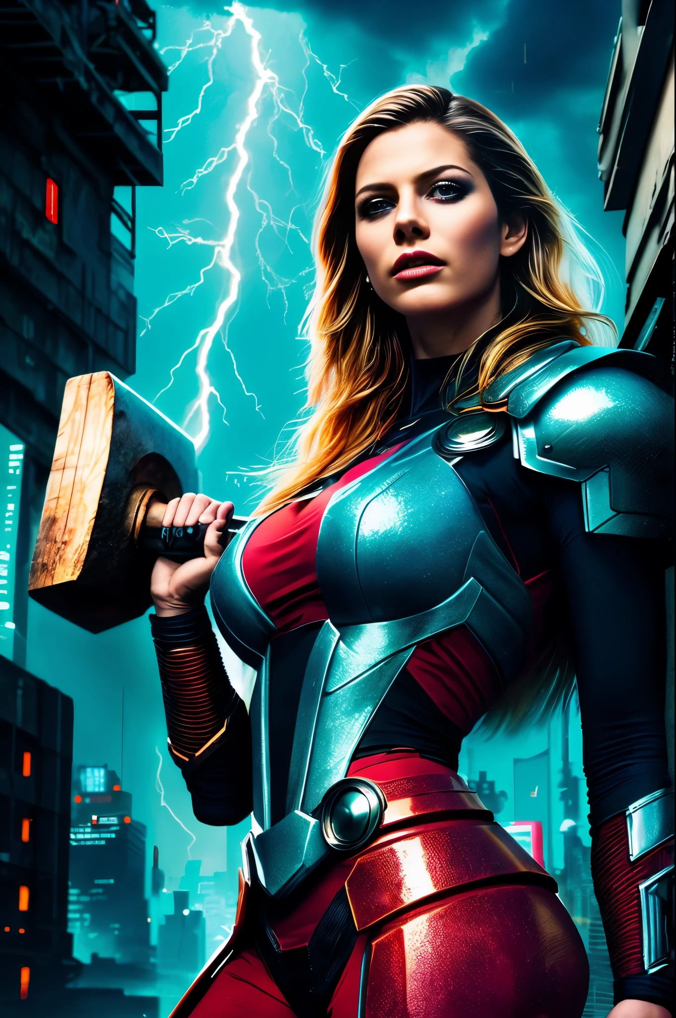 (Photorealistic:1.4) image of a cyber punk Teagan Presley (raising the huge hammer high like it was Thor's) (top-quality, 8K, 32K, masterpiece), (dynamic pose), ((facing camera)), (looking at camera), cowboy shot, shapeless hair, white cyberpunk swinsuit armored clothing, depth of field f/1.8, cyberpunk city background, cinematic lighting. lightning and thunder falling from the sky, 8k masterpiece high quality