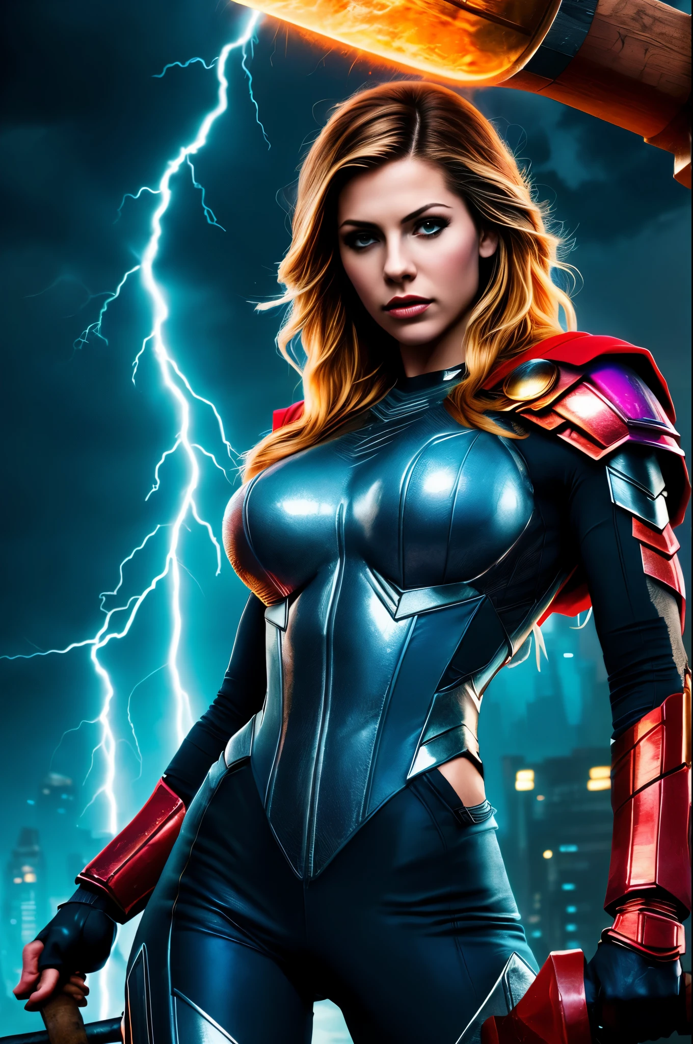(Photorealistic:1.4) image of a cyber punk Teagan Presley (raising the huge hammer high like it was Thor's) (top-quality, 8K, 32K, masterpiece), (dynamic pose), ((facing camera)), (looking at camera), cowboy shot, shapeless hair, white cyberpunk swinsuit armored clothing, depth of field f/1.8, cyberpunk city background, cinematic lighting. lightning and thunder falling from the sky, 8k masterpiece high quality