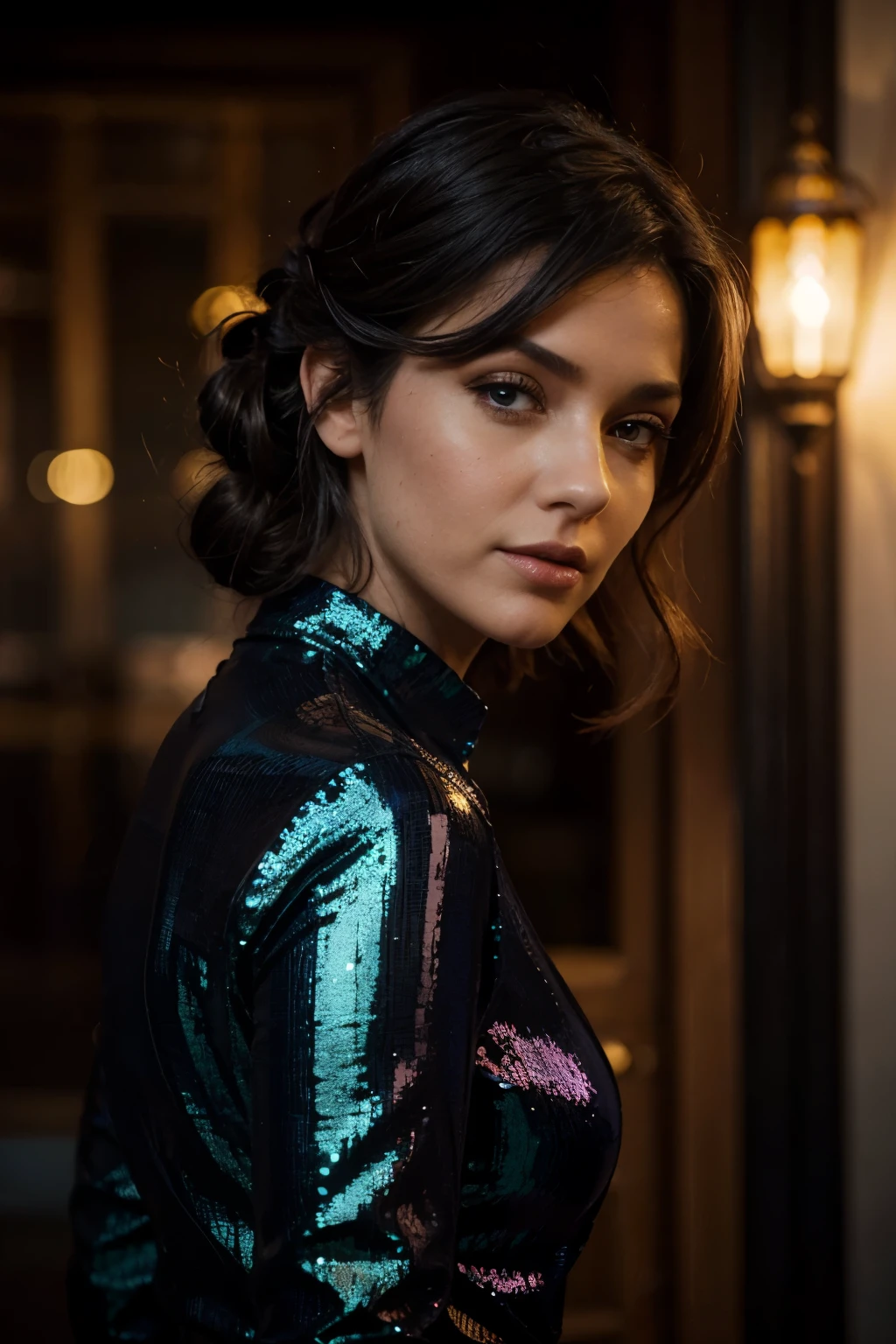 a woman appeared that evening, beside the tiffany lamp, her refined updo, ombre hairstyle, whisps of hair frame her face, soft natural skin, from the deep dark blue shadows, she wears a stunning Davina Sequined Blouse, multicolored allover sequins glisten, Mia High Rise Wide Leg Faux Leather Pants and black boots, she's elegant, she glances to the side towards me, to the camera, I catch her look, she's curious, she's distracted, we vanish into the night together