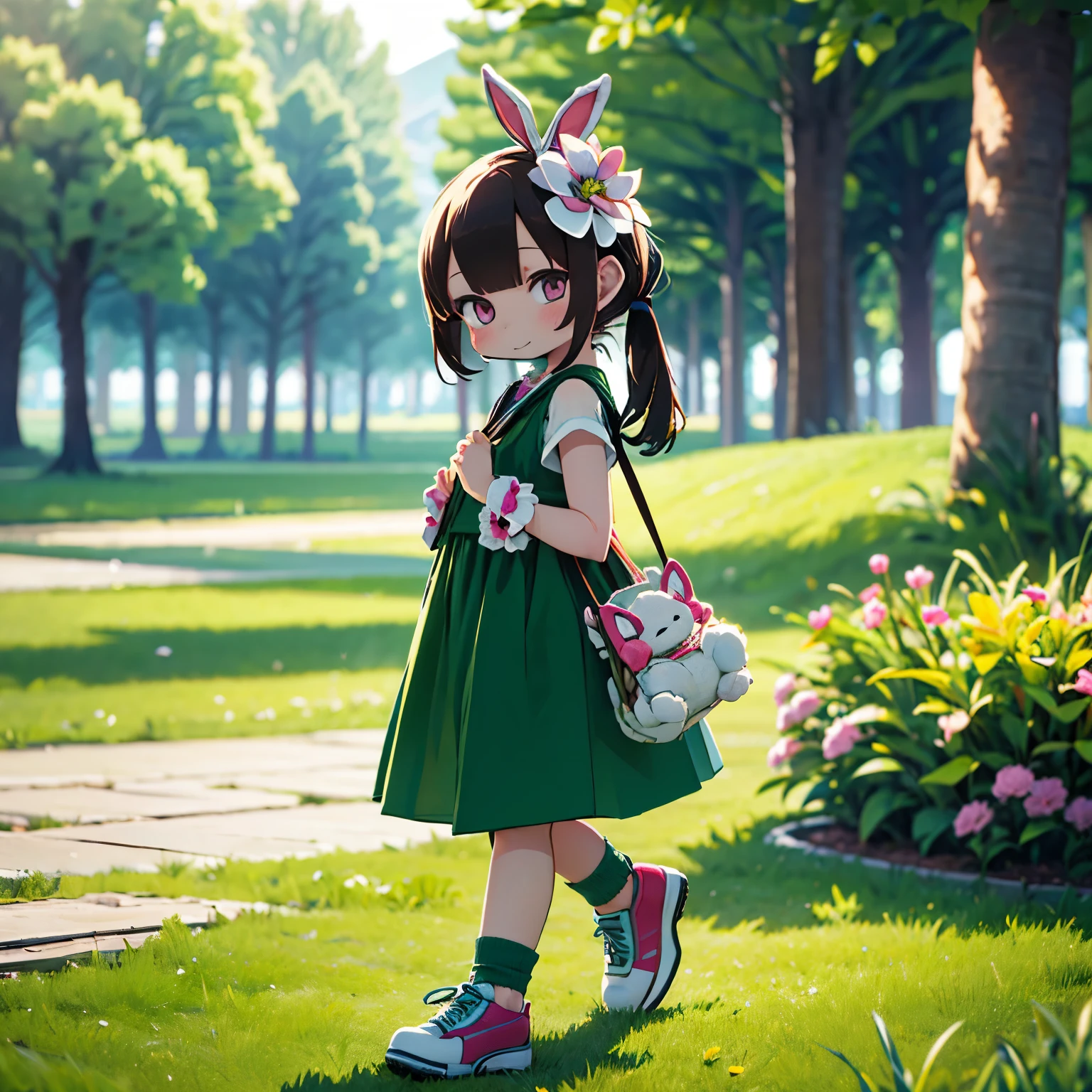 (photorealistic:1.37)、octane rendering、Morning park、Walk with a rabbit doll、Girl has twin tail hairstyle and smiles、Bright colors、soft sunlight、beautiful flower、green grass、playful atmosphere、peaceful environment、detailed texture、Bright colors、cute shoes with accessories、He looks happy