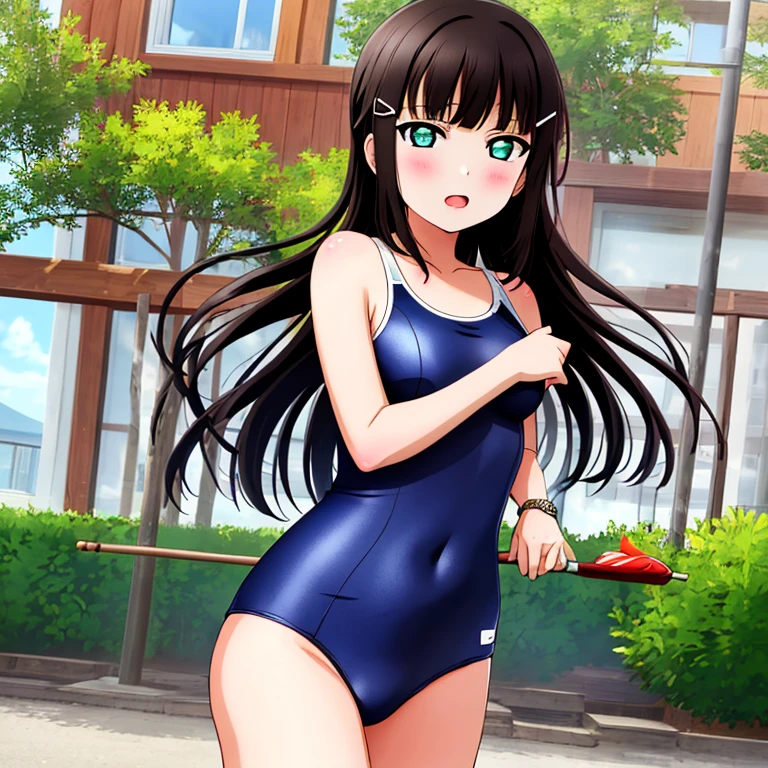 masterpiece,best quality,ultra detailed, best illustration, nsfw, 1girl, black_hair, bangs, long_hair, hair_ornament, blunt_bangs, blush, green_eyes, hairclip, aqua_eyes, T46405, blue one-piece swimsuit