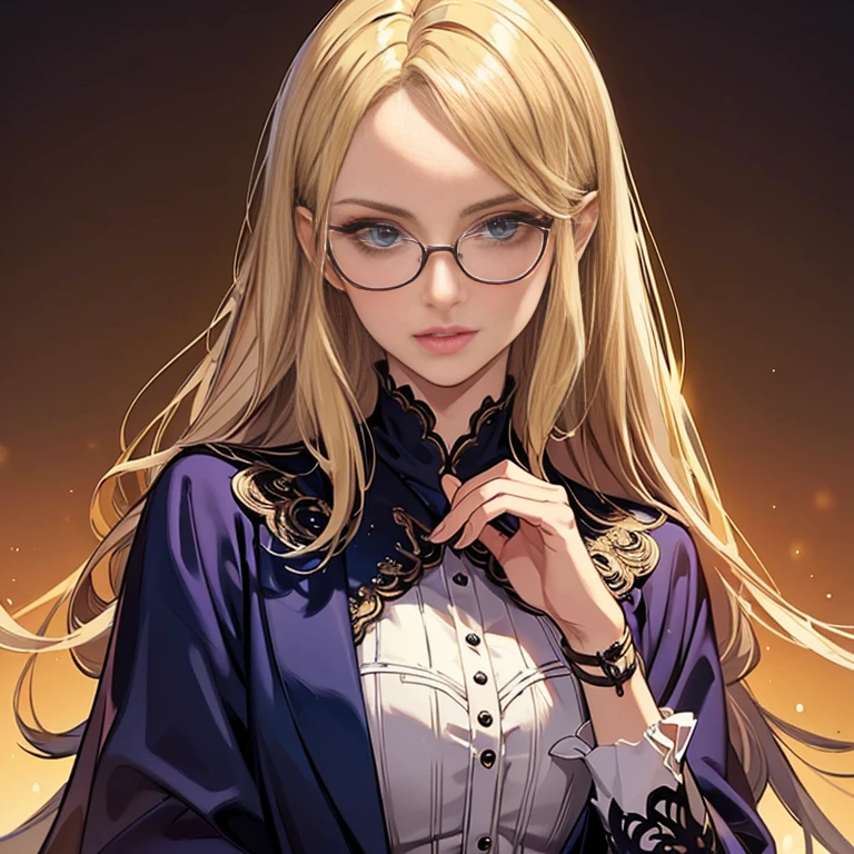 ((best quality)), ((masterpiece)), (detailed),High quality, Ultra detailed, best quality, insanely detailed, beautiful, masterpiece, Glasses,20s,Female,Wizard,Female Teacher,Blonde hair,Blue eyes,Caucasian,Evil female executive,A little more mature,glamaroous