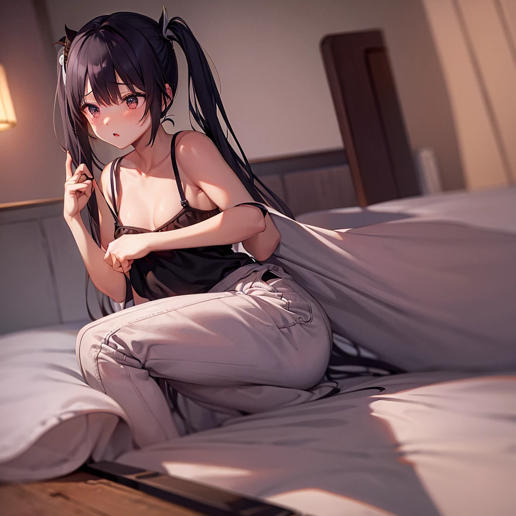 table top, high quality, horny cute girl, twin tail hair, ,super small breasts,small breasts that are about to swell,black haired, Character print white pants for girls, A crack that dug in just a little,camisole, indoors, at dusk in winter, sunset, dark room, Distract yourself and play with your pants.,Looks neat