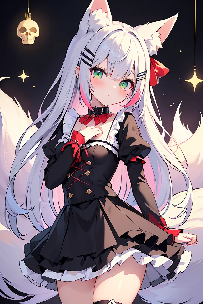masterpiece, best quality,Super exquisite illustrations, perfect anatomy, correct anatomy, Perfect proportion, perfect face, perfect hands, perfect legs, perfect hands指, perfect hands, professional lighting, best quality, Super detailed, extremely delicate and beautiful, 4K, 8k,,1 girl, Fox girl, (((colorful hair:1.2)(Black 1.1)(Red 1.1), fox ears, long hair, fox tails, black skirt, fishnet stockings, cute expression, high resolution, best quality, masterpiece,Clear facial contours, beautiful eyes, Beautiful and delicate eyes, highly detailed eyes, ribbon, collar, looking at the audience, skull hair clip, green eyes, head-shot