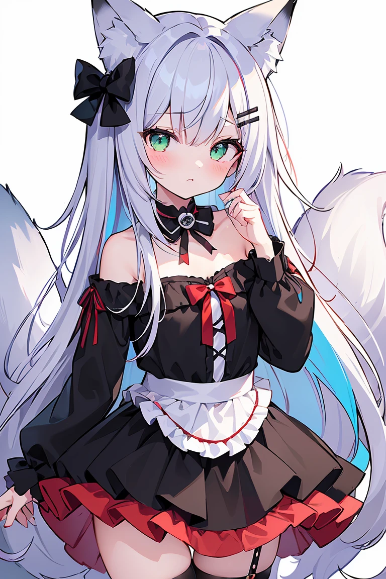 masterpiece, best quality,Super exquisite illustrations, perfect anatomy, correct anatomy, Perfect proportion, perfect face, perfect hands, perfect legs, perfect hands指, perfect hands, professional lighting, best quality, Super detailed, extremely delicate and beautiful, 4K, 8k,,1 girl, Fox girl, (((colorful hair:1.2)(Black 1.1)(Red 1.1), fox ears, long hair, fox tails, black skirt, fishnet stockings, cute expression, high resolution, best quality, masterpiece,Clear facial contours, beautiful eyes, Beautiful and delicate eyes, highly detailed eyes, ribbon, collar, looking at the audience, skull hair clip, green eyes, head-shot