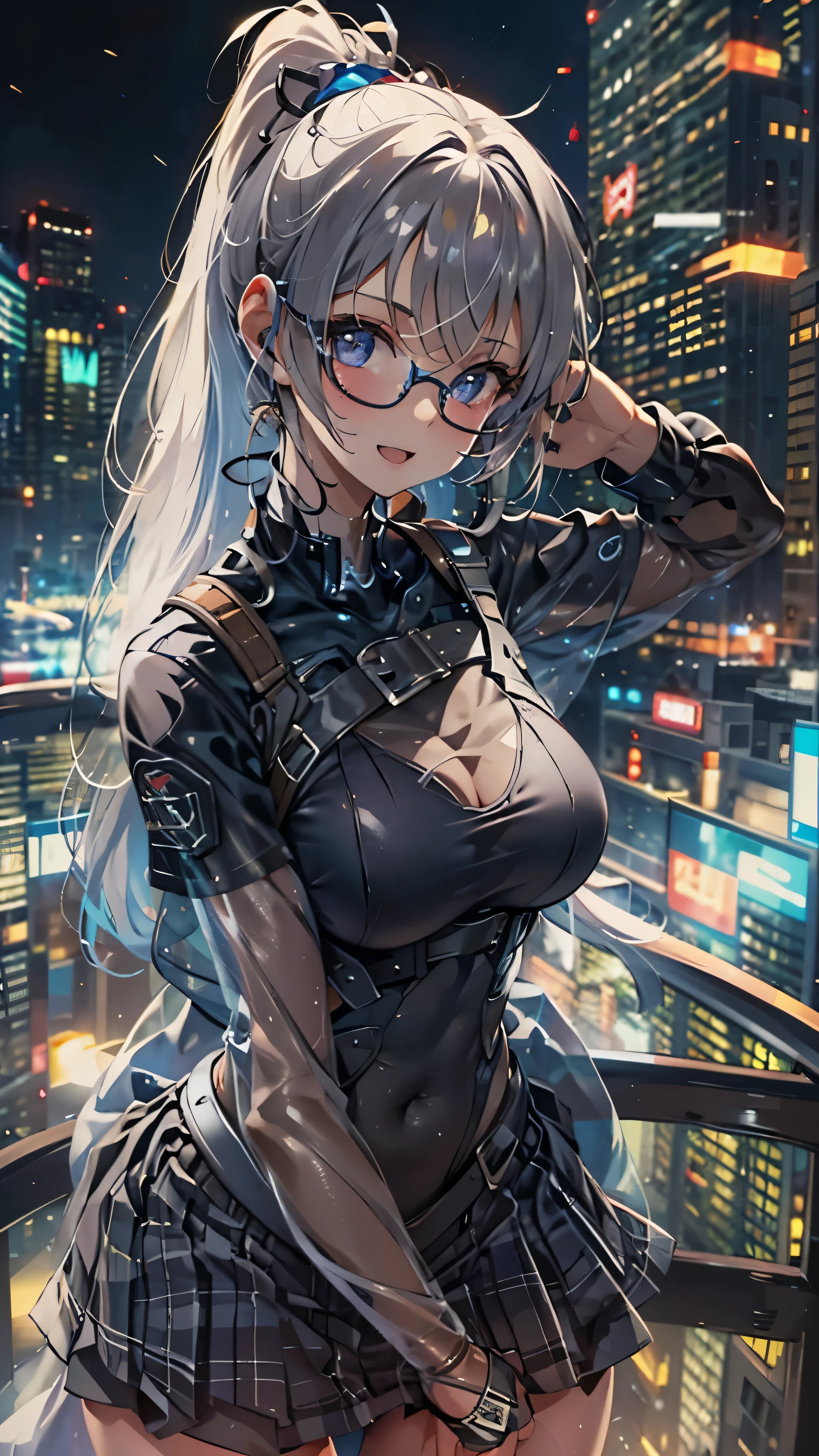 woman,,,city,night,(((white and blue tight miniskirt bodysuit))),,open mouth smile((See-through))glasses,((beautiful long ponytail)),((Baby girl bohape))((blonde))